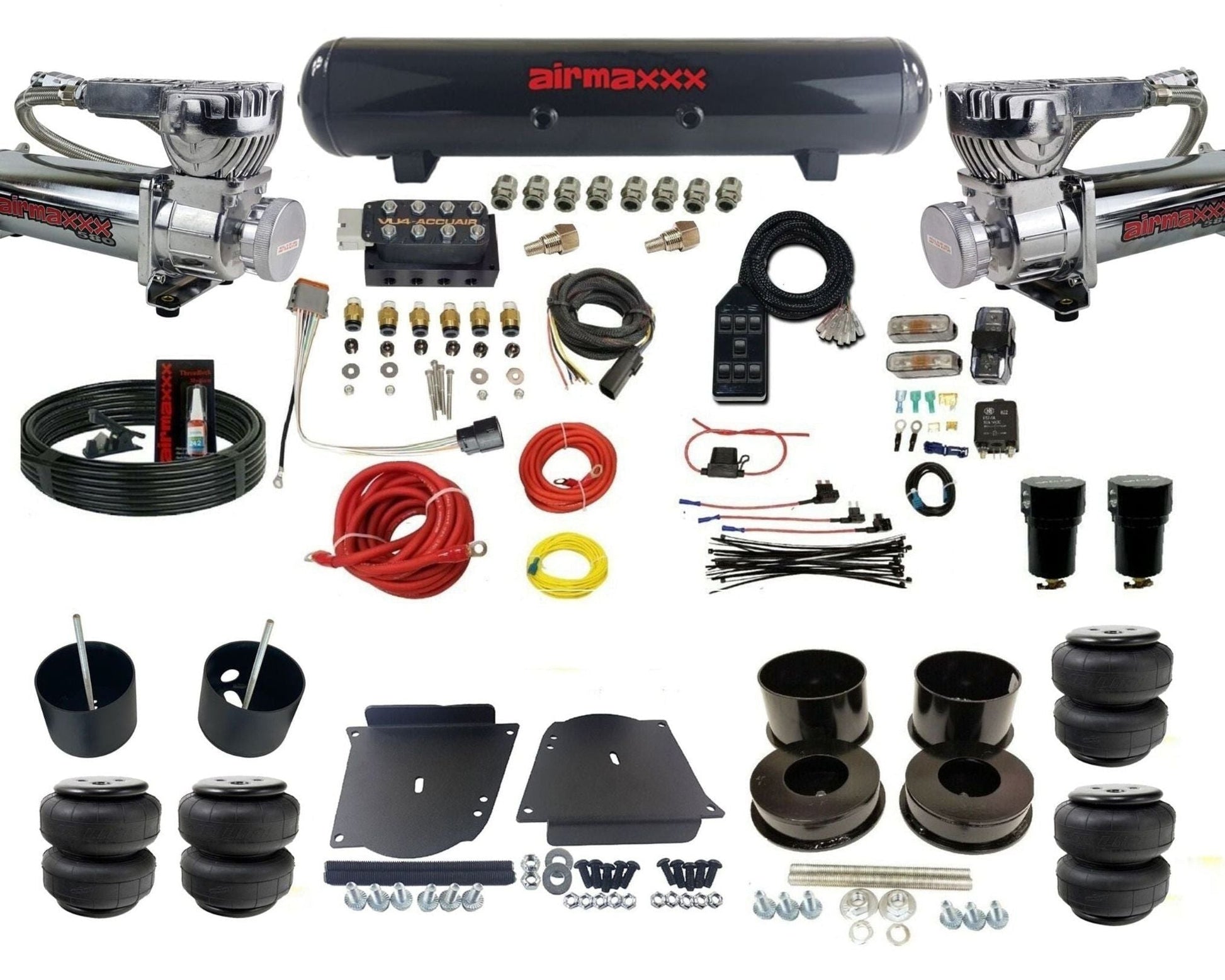 AccuAir VU4 dual 580 chrome steel tank & airlift bags air ride kit for 1964–1972 GM A-Body KABDY-580C2-57S-VU4-7BK-WK-HFD25