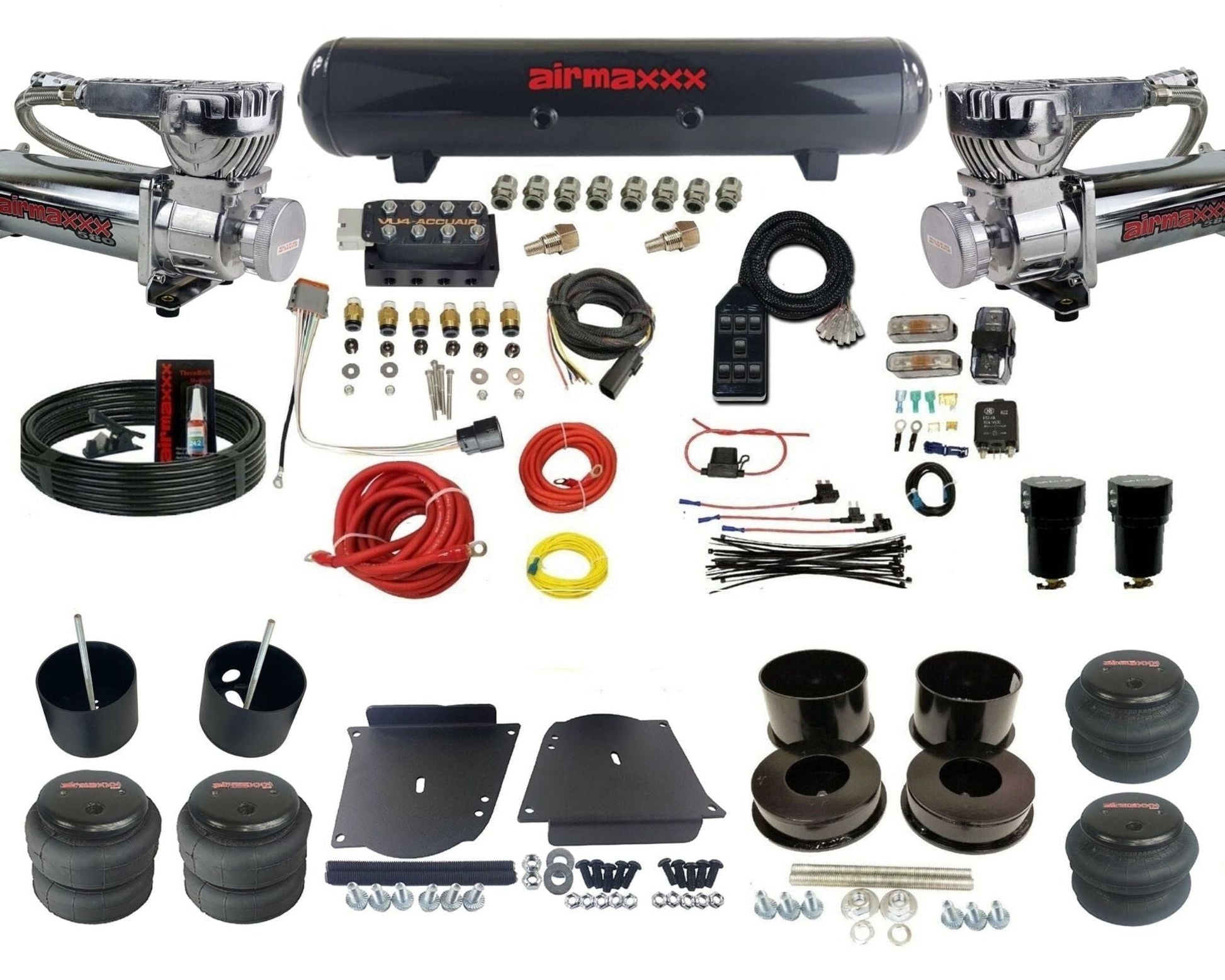 AccuAir VU4 dual 580 chrome steel tank & bags air ride kit for 1964–1972 GM A-Body KABDY-580C2-57S-VU4-7BK-WK-HF