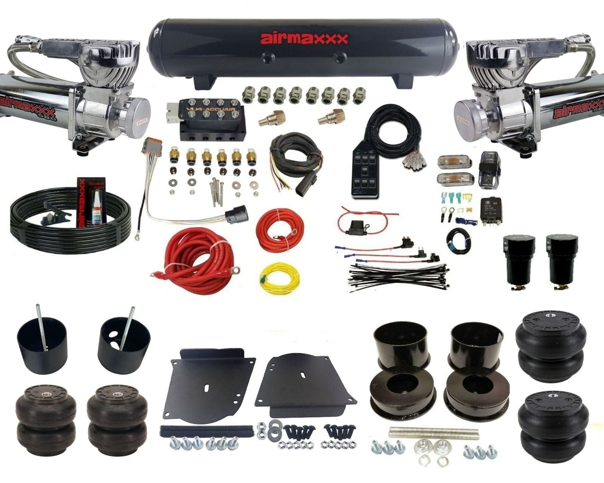 AccuAir VU4 dual 580 chrome steel tank & slam bags air ride kit for 1964–1972 GM A-Body KABDY-580C2-57S-VU4-7BK-WK-HFSS6SS7