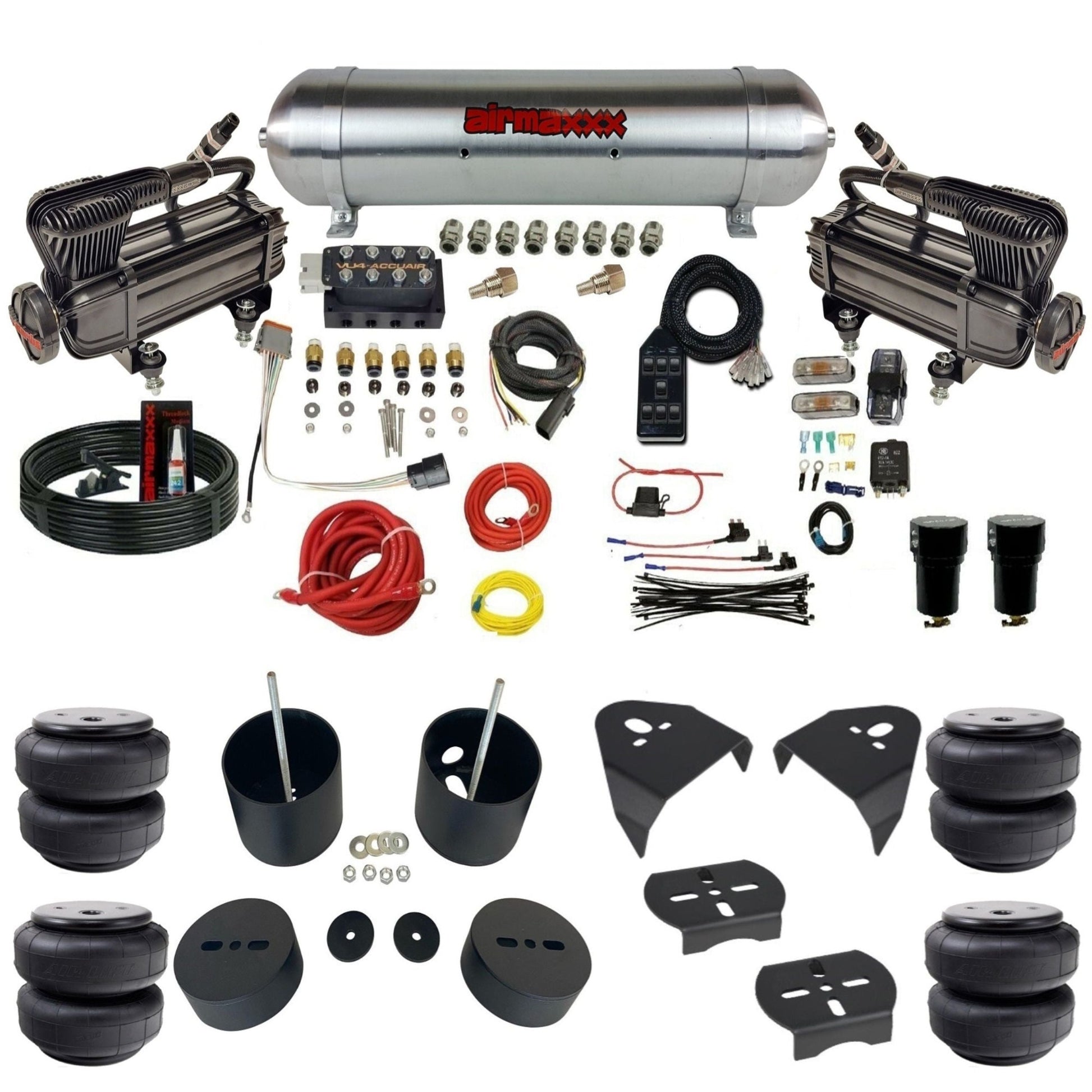 AccuAir VU4 dual X-series compressors aluminum tank airlift bags air ride kit for 1999–2006 Silverado/Sierra KGM99-XB2-57ARW-VU4-7BK-WK-HFD26