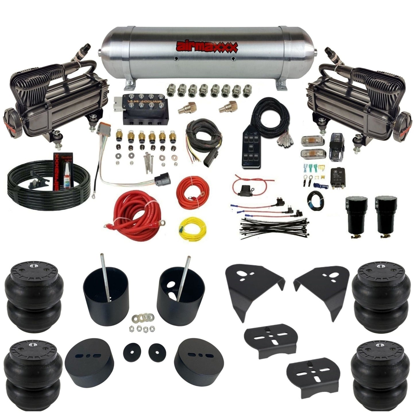 AccuAir VU4 dual X-series compressors aluminum tank slam bags air ride kit for 1999–2006 Silverado/Sierra KGM99-XB2-57ARW-VU4-7BK-WK-HFSS7