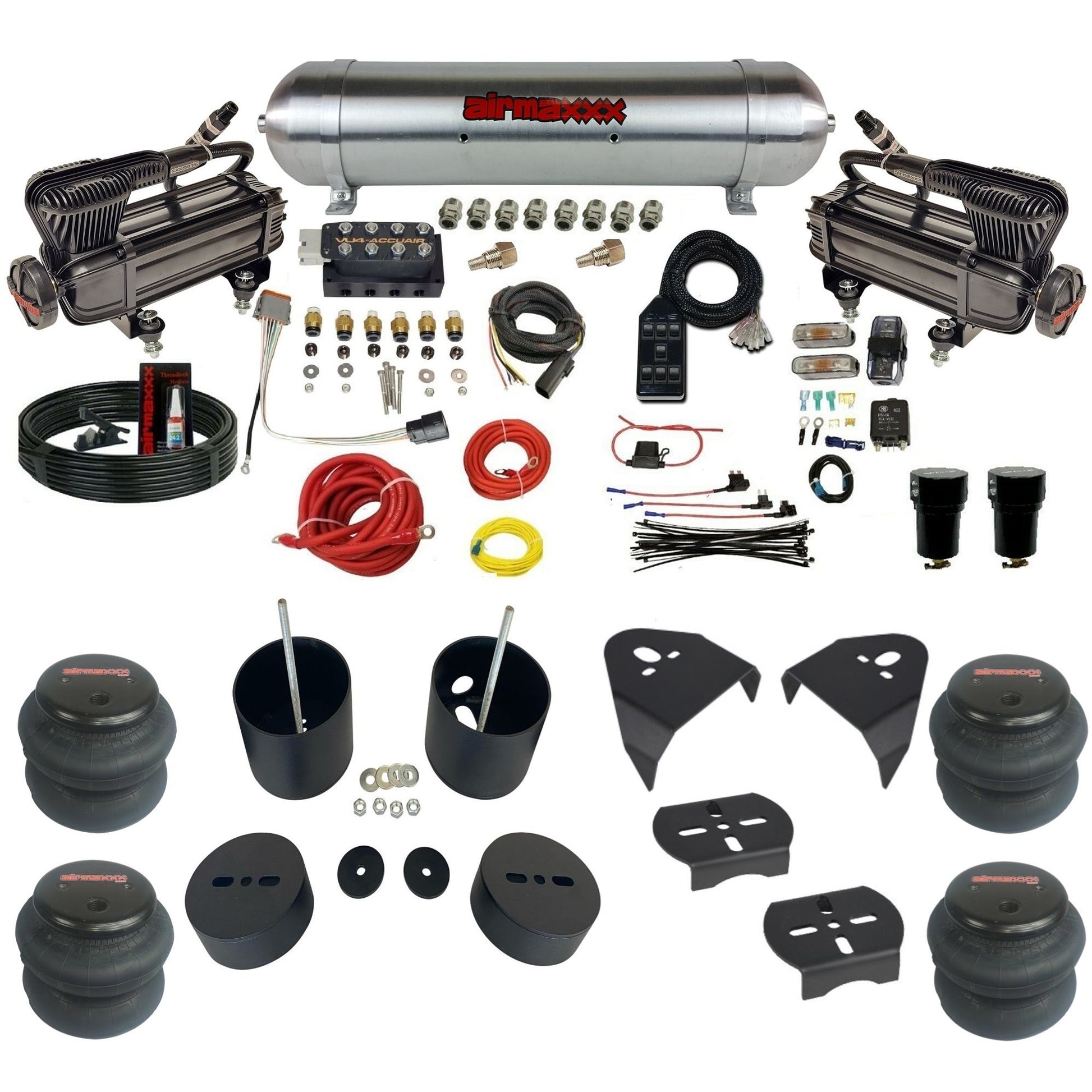 AccuAir VU4 dual X-series compressors raw aluminum tank 2600 bags air ride kit for 1988–1998 Silverado KGM88-XB2-57ARW-VU4-7BK-WK-HF