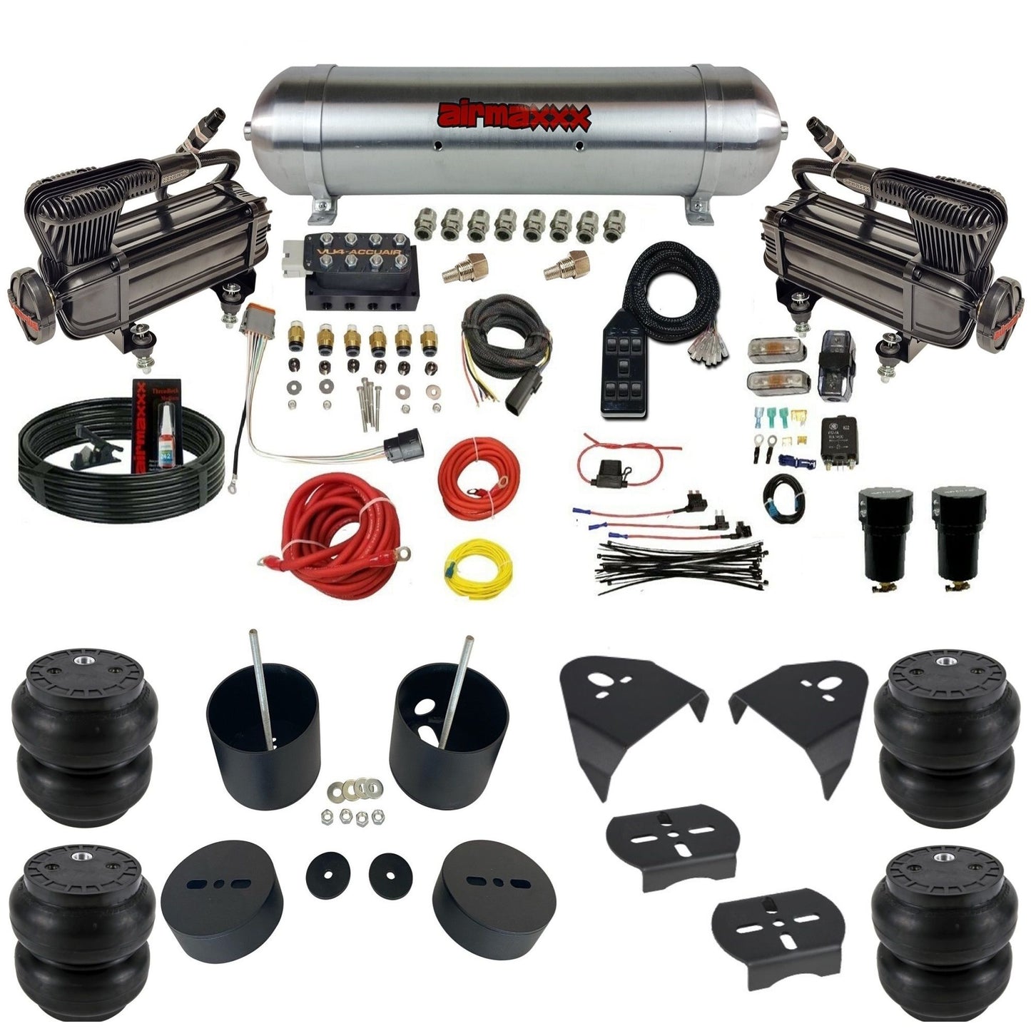 AccuAir VU4 dual X-series compressors raw aluminum tank slam bags air ride kit for 1988–1998 Silverado KGM88-XB2-57ARW-VU4-7BK-WK-HFSS7