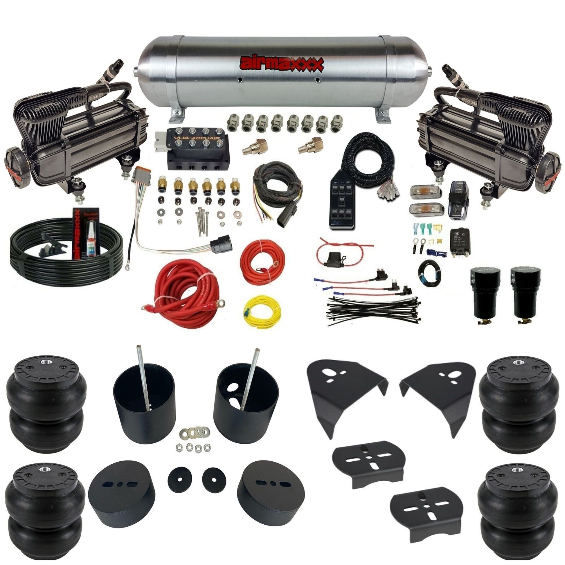 AccuAir VU4 dual X-series compressors raw aluminum tank slam bags air ride kit for 1988–1998 Silverado KGM88-XB2-57ARW-VU4-7BK-WK-HFSS7