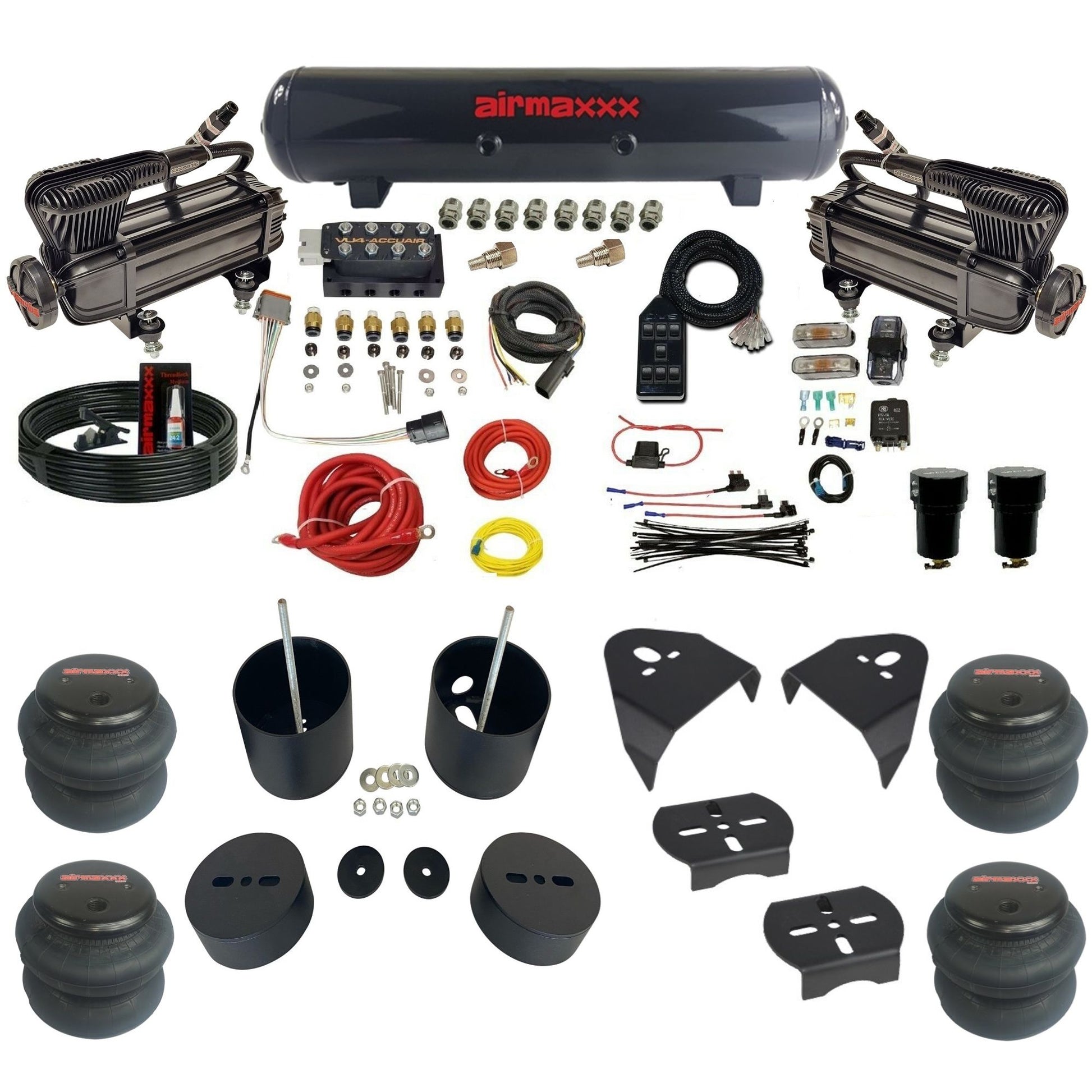 AccuAir VU4 dual X-series compressors steel tank 2600 bags air ride kit for 1988–1998 Silverado GM88-XB2-57S-VU4-7BK-WK-HF
