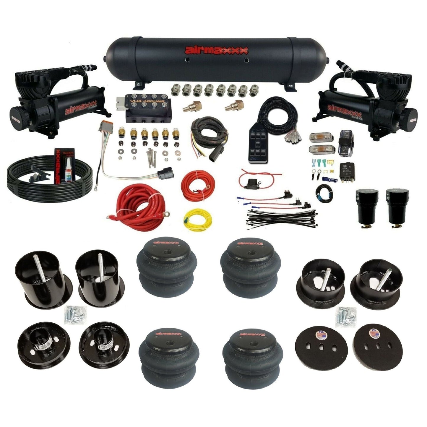 AccuAir VU4 dual black 580 compressors aluminum tank 2600 bags air ride kit for 1963–1964 Cadillac KCAD63-580B2-57ABK-VU4-7BK-WK-HF