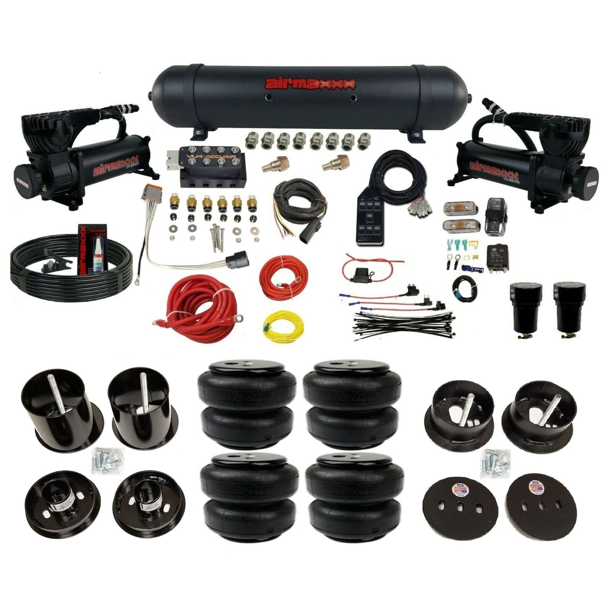 AccuAir VU4 dual black 580 compressors aluminum tank airlift bags air ride kit for 1963–1964 Cadillac KCAD63-580B2-57ABK-VU4-7BK-WK-HFD25