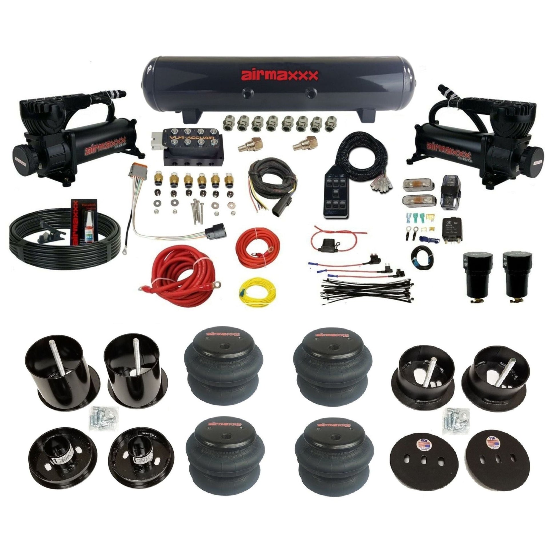 AccuAir VU4 dual black 580 compressors steel tank 2600 bags air ride kit for 1963–1964 Cadillac KCAD63-580B2-57S-VU4-7BK-WK-HF