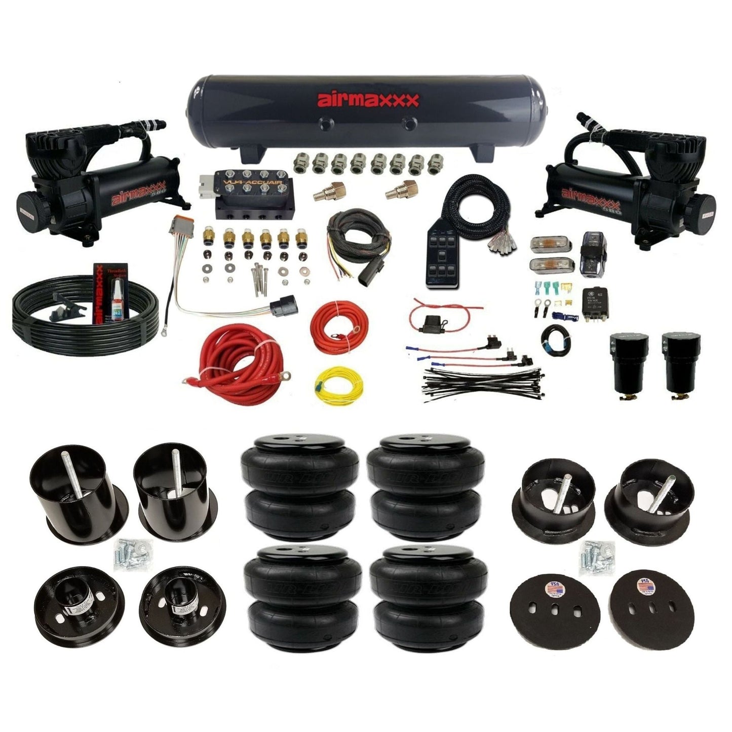AccuAir VU4 dual black 580 compressors steel tank airlift bags air ride kit for 1963–1964 Cadillac KCAD63-580B2-57S-VU4-7BK-WK-HFD25