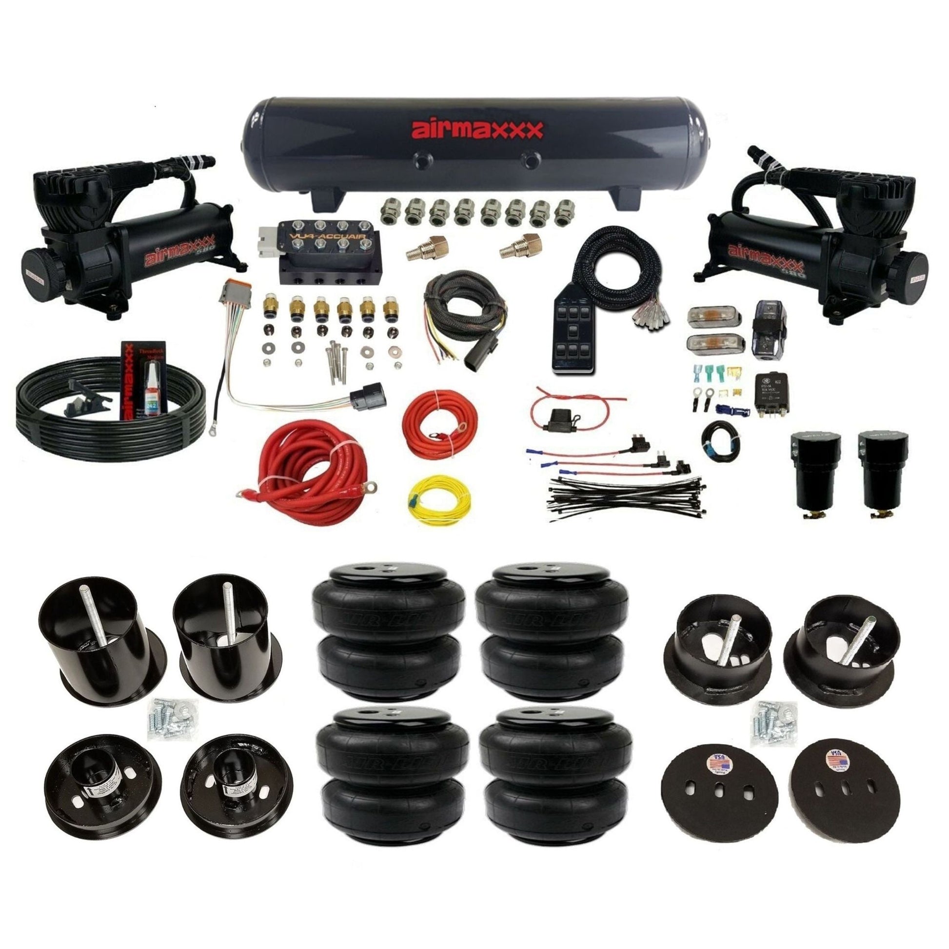 AccuAir VU4 dual black 580 compressors steel tank airlift bags air ride kit for 1963–1964 Cadillac KCAD63-580B2-57S-VU4-7BK-WK-HFD25