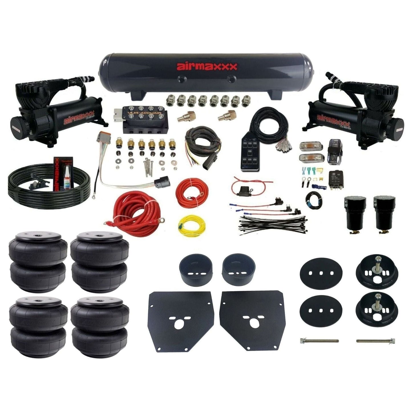 AccuAir VU4 dual black 580 compressors steel tank airlift bags air ride kit for 1963–1972 C10/C20/C30 KC1063-580B2-57S-VU4-7BK-WK-HFD26