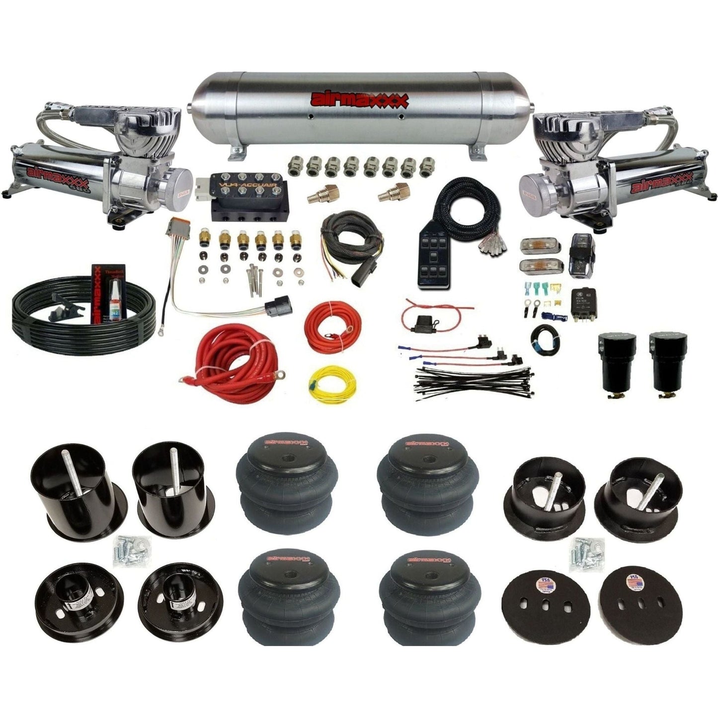 AccuAir VU4 dual chrome 580 compressors raw aluminum tank 2600 bags air ride kit for 1963–1964 Cadillac KCAD63-580C2-57ARW-VU4-7BK-WK-HF