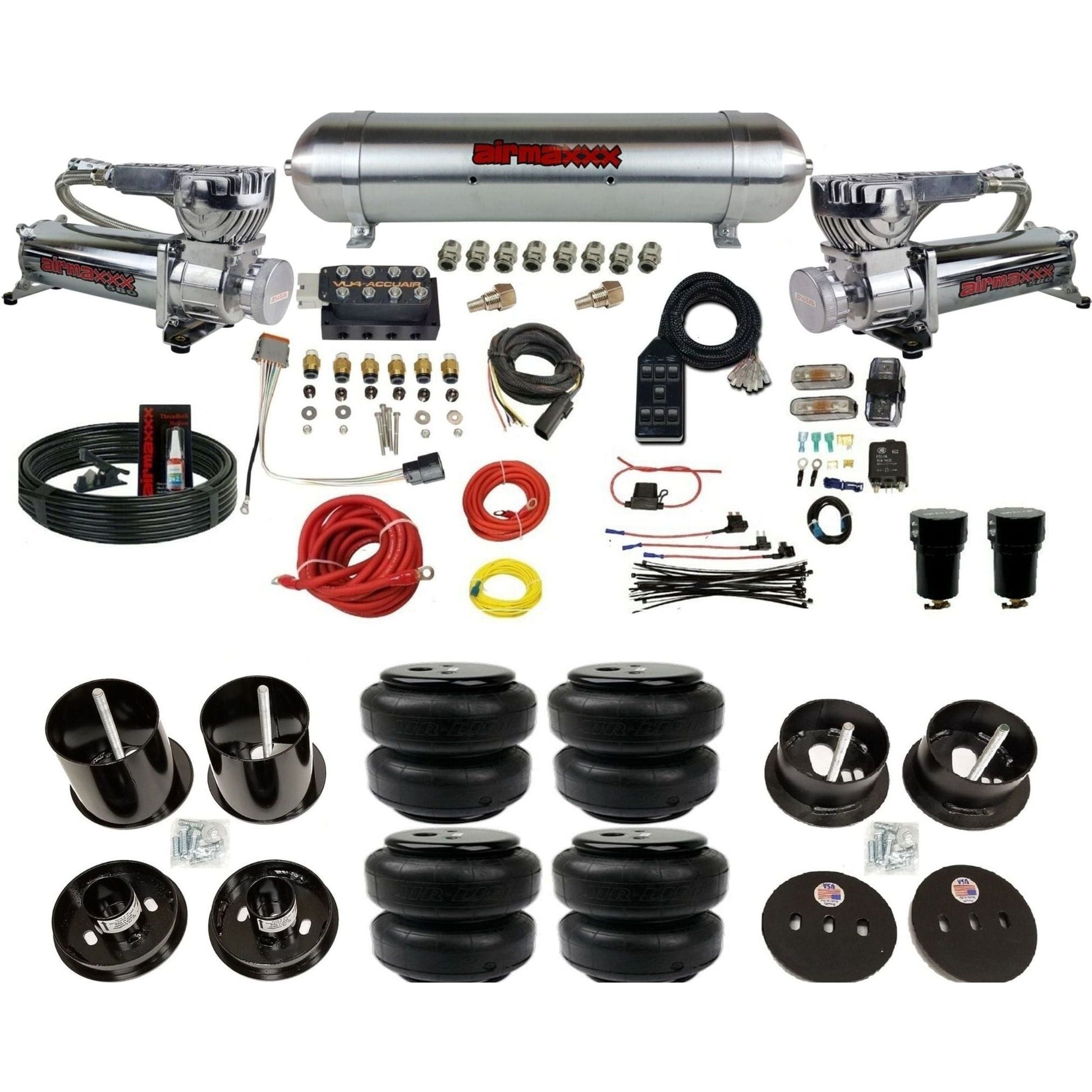AccuAir VU4 dual chrome 580 compressors raw aluminum tank airlift bags air ride kit for 1963–1964 Cadillac KCAD63-580C2-57ARW-VU4-7BK-WK-HFD25