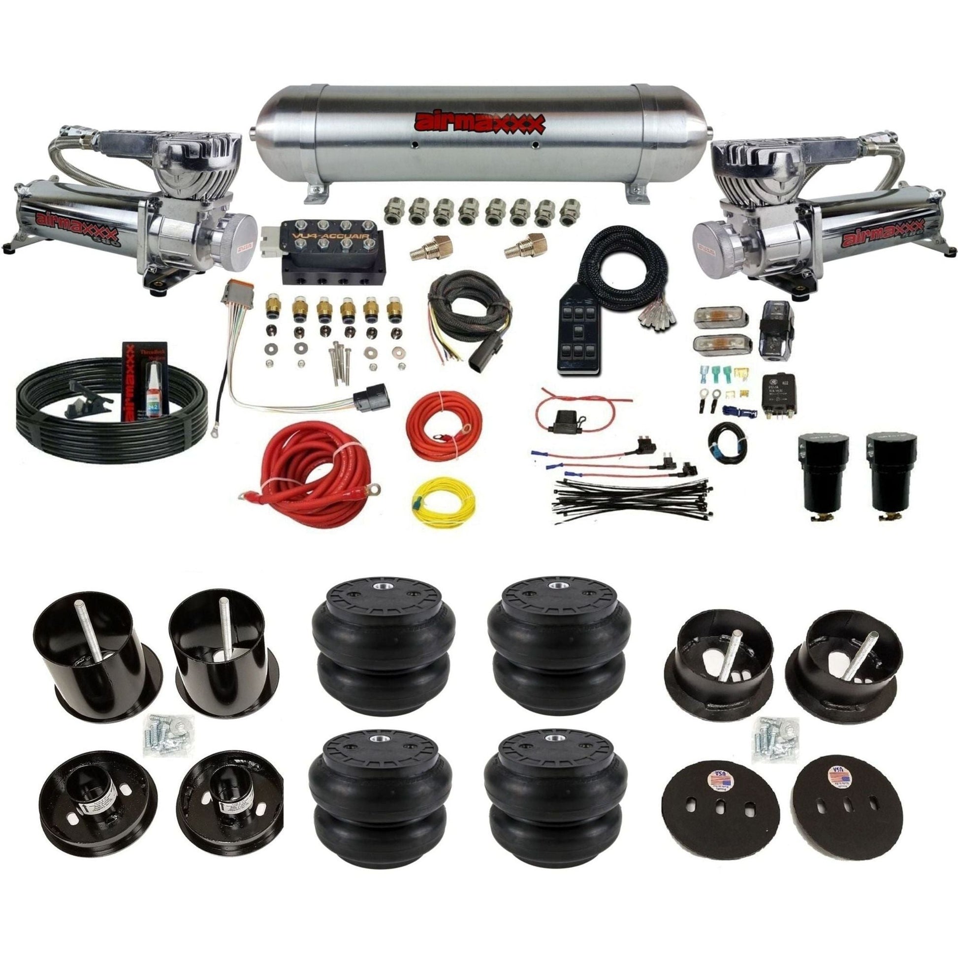AccuAir VU4 dual chrome 580 compressors raw aluminum tank slam bags air ride kit for 1963–1964 Cadillac KCAD63-580C2-57ARW-VU4-7BK-WK-HFSS7