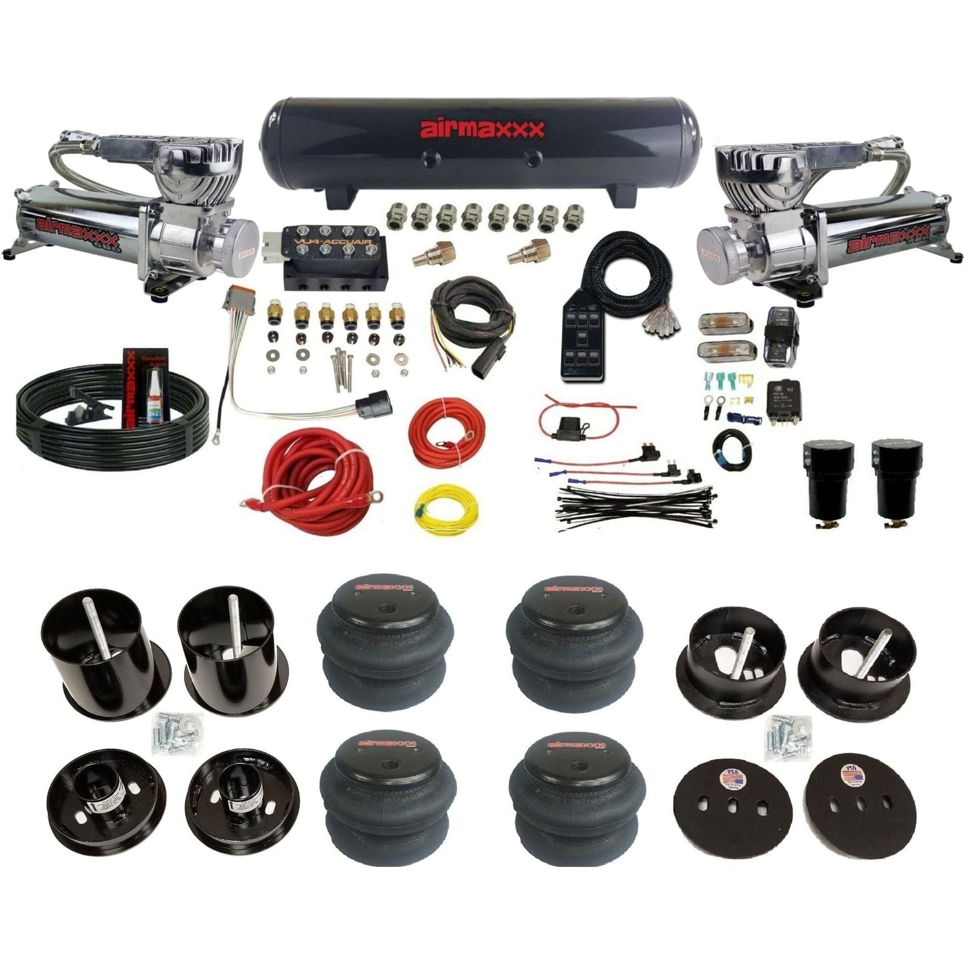 AccuAir VU4 dual chrome 580 compressors steel tank 2600 bags air ride kit for 1963–1964 Cadillac KCAD63-580C2-57S-VU4-7BK-WK-HF