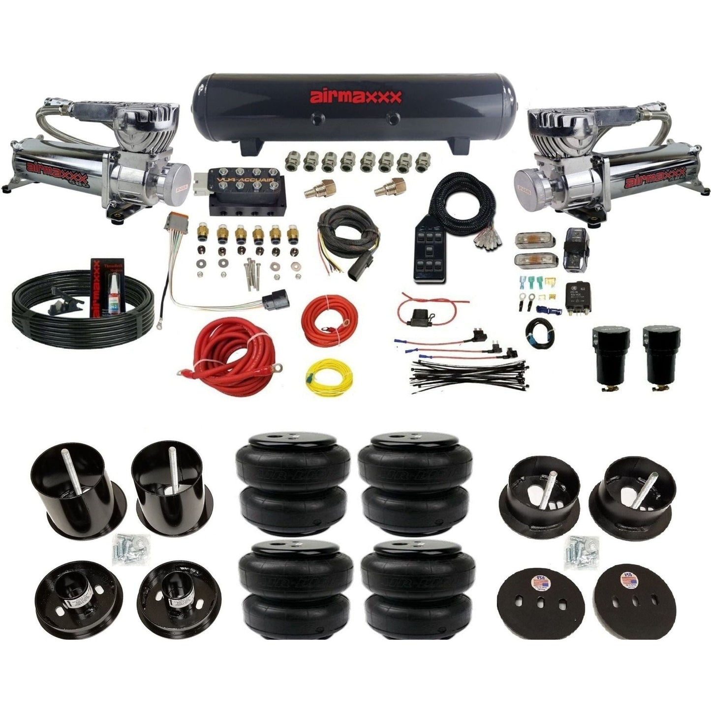 AccuAir VU4 dual chrome 580 compressors steel tank airlift bags air ride kit for 1963–1964 Cadillac KCAD63-580C2-57S-VU4-7BK-WK-HFD25