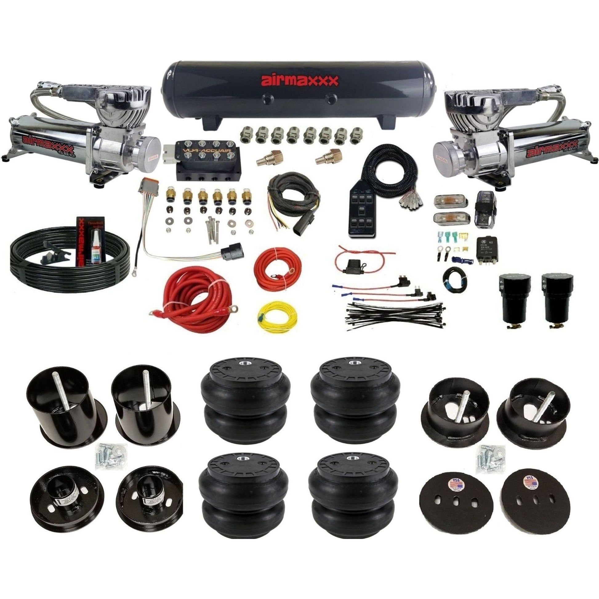 AccuAir VU4 dual chrome 580 compressors steel tank slam bags air ride kit for 1963–1964 Cadillac KCAD63-580C2-57S-VU4-7BK-WK-HFSS7