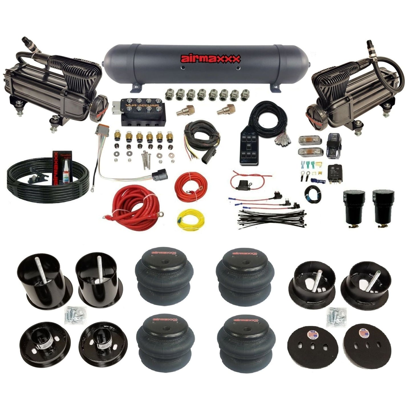 AccuAir VU4 dual x-series compressors aluminum tank 2600 bags air ride kit for 1963–1964 Cadillac KCAD63-XB2-57ABK-VU4-7BK-WK-HF