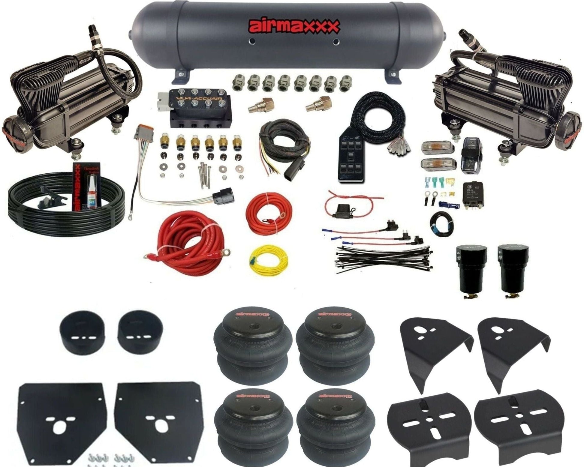 AccuAir VU4 dual x-series compressors aluminum tank 2600 bags air ride kit for 1973–1987 Chevy C10 KC1073-XB2-57ABK-VU4-7BK-WK-HF