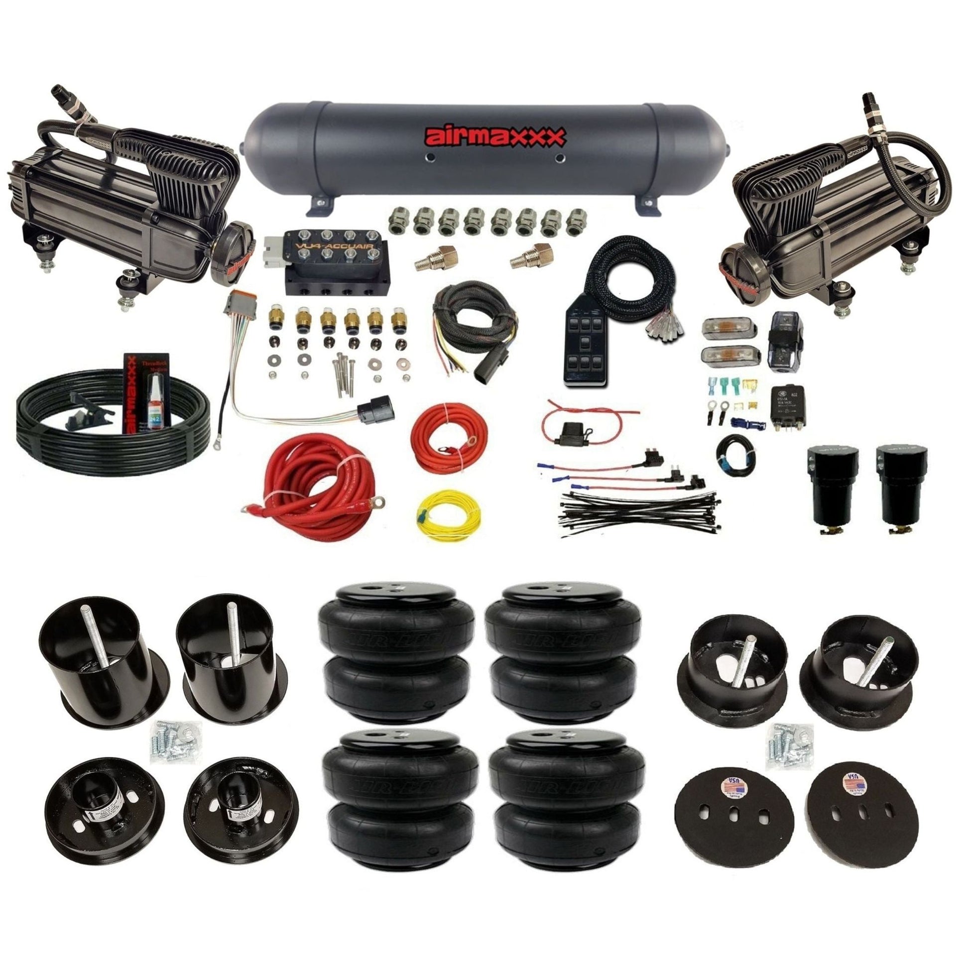 AccuAir VU4 dual x-series compressors aluminum tank airlift bags air ride kit for 1963–1964 Cadillac KCAD63-XB2-57ABK-VU4-7BK-WK-HFD25