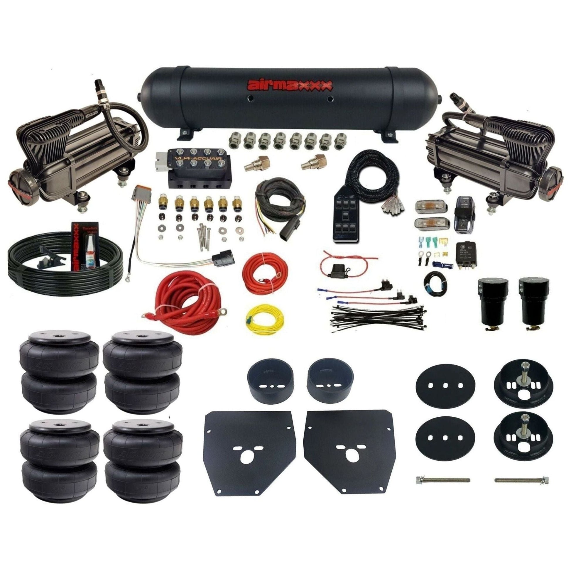 AccuAir VU4 dual x-series compressors aluminum tank airlift bags air ride kit for 1963–1972 C10/C20/C30 KC1063-XB2-57ABK-VU4-7BK-WK-HFD26
