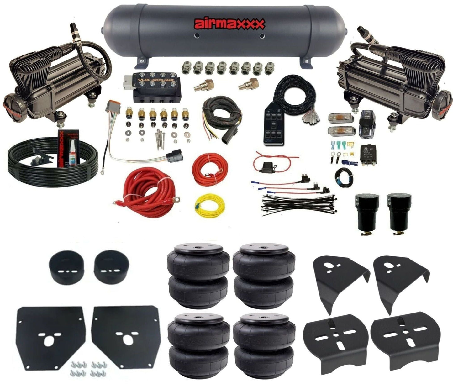 AccuAir VU4 dual x-series compressors aluminum tank airlift bags air ride kit for 1973–1987 Chevy C10 KC1073-XB2-57ABK-VU4-7BK-WK-HFD26