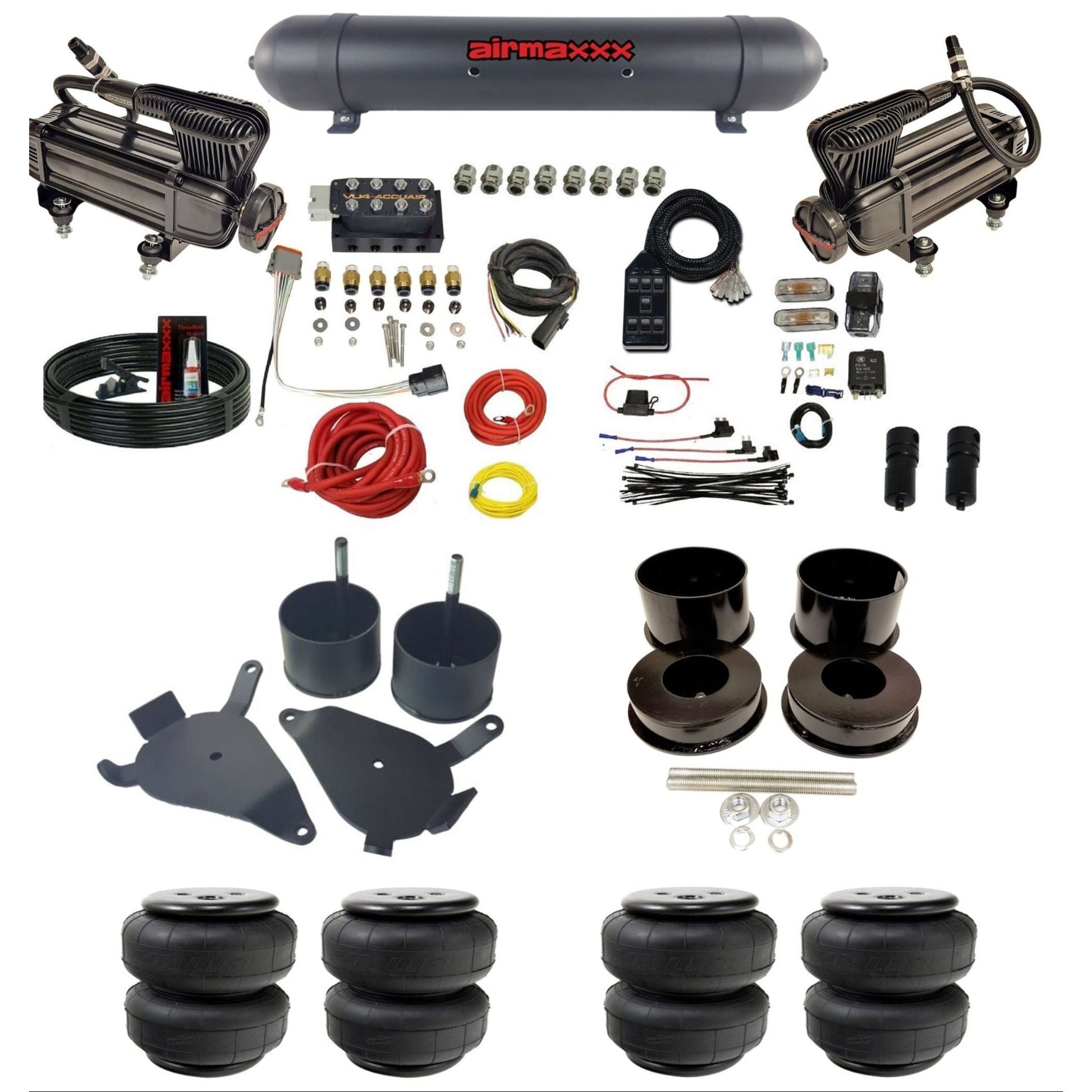 AccuAir VU4 dual x-series compressors aluminum tank airlift bags air ride kit for 1978–1988 GM G-Body KGBDY-XB2-57ABK-VU4-7BK-WK-HFD25