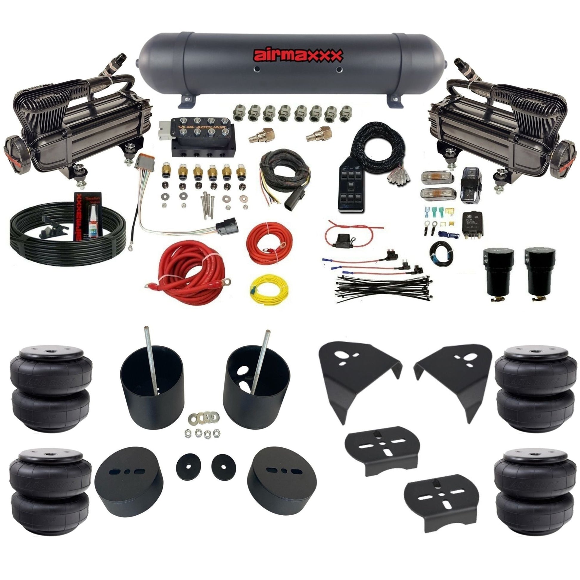 AccuAir VU4 dual x-series compressors aluminum tank airlift bags air ride kit for 1988–1998 Silverado/Sierra 1500 KGM88-XB2-57ABK-VU4-7BK-WK-HFD26