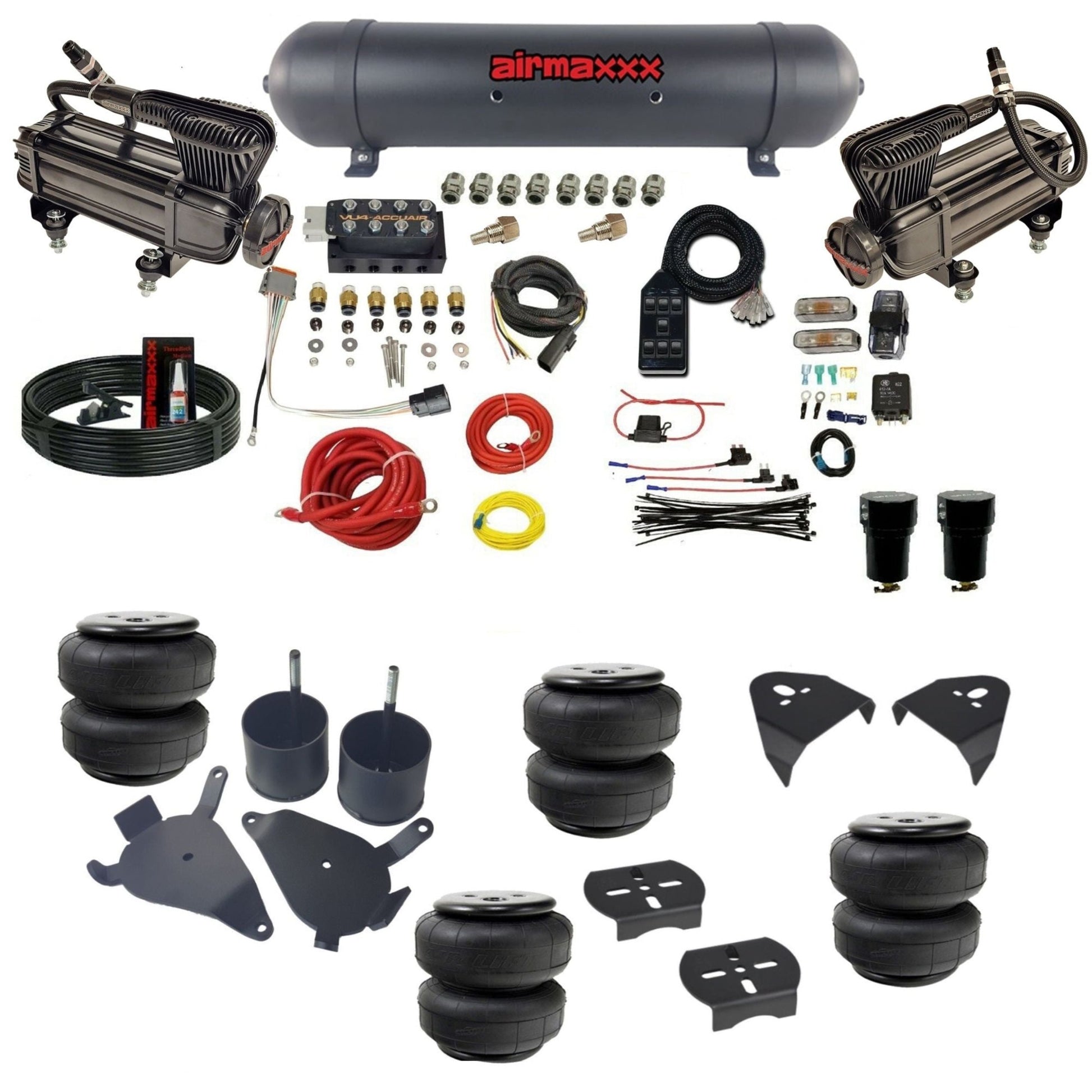 AccuAir VU4 dual x-series compressors aluminum tank airlift bags air suspension kit for S10 KS10-XB2-57ABK-VU4-7BK-WK-HFD25