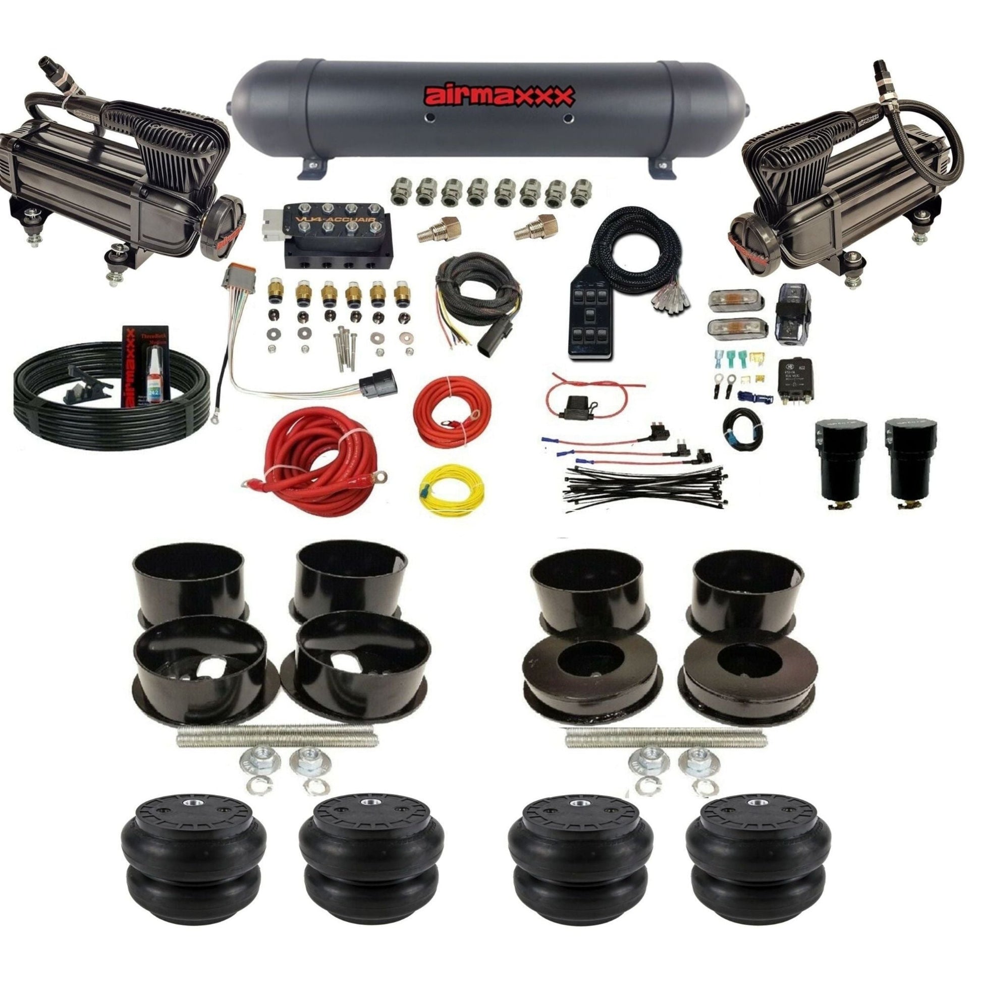 AccuAir VU4 dual x-series compressors aluminum tank slam bags air ride kit for 1971–1996 GM B-Body KBBDY-XB2-57ABK-VU4-7BK-WK-HFSS7