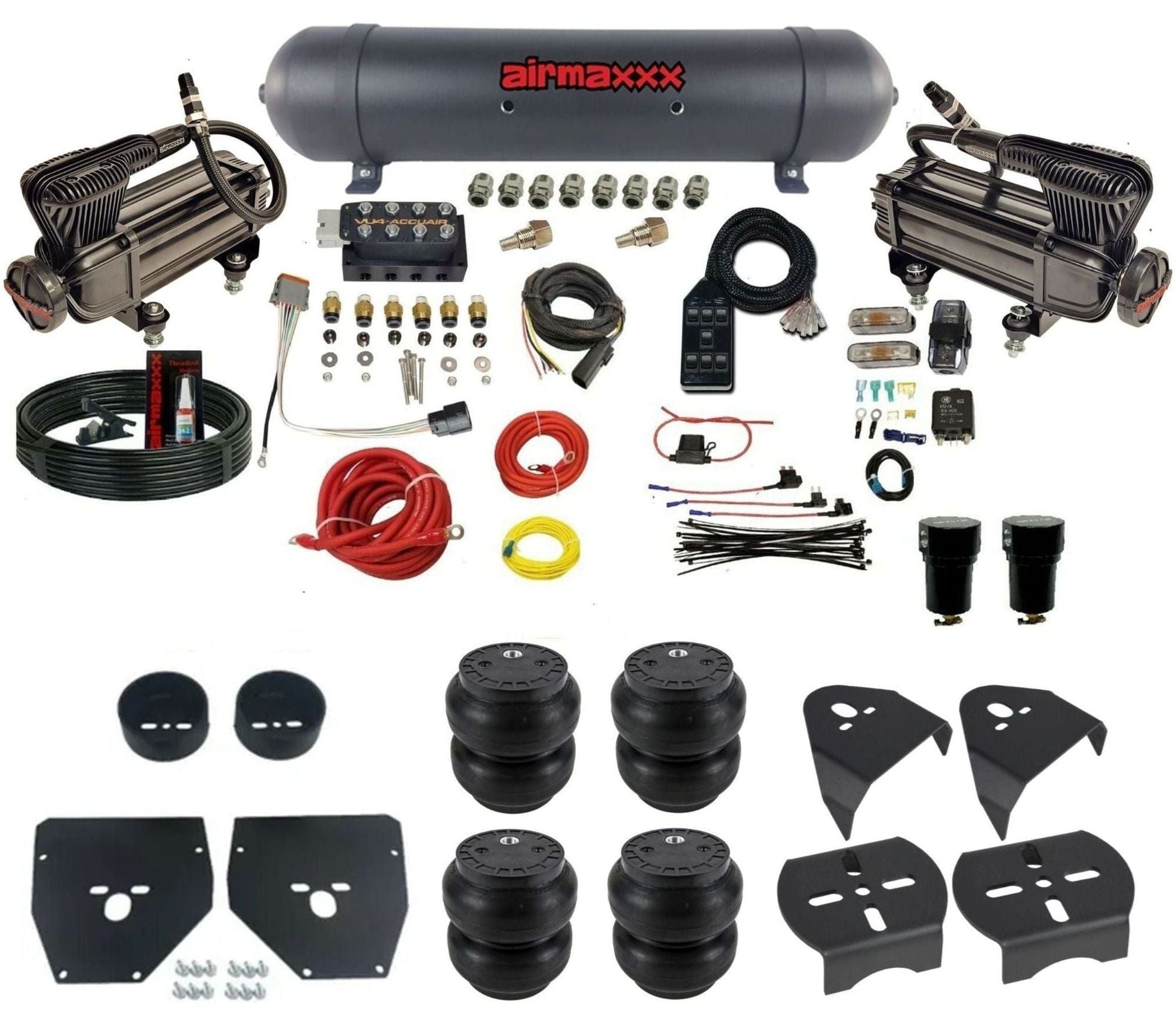 AccuAir VU4 dual x-series compressors aluminum tank slam bags air ride kit for 1973–1987 Chevy C10 KC1073-XB2-57ABK-VU4-7BK-WK-HFSS7