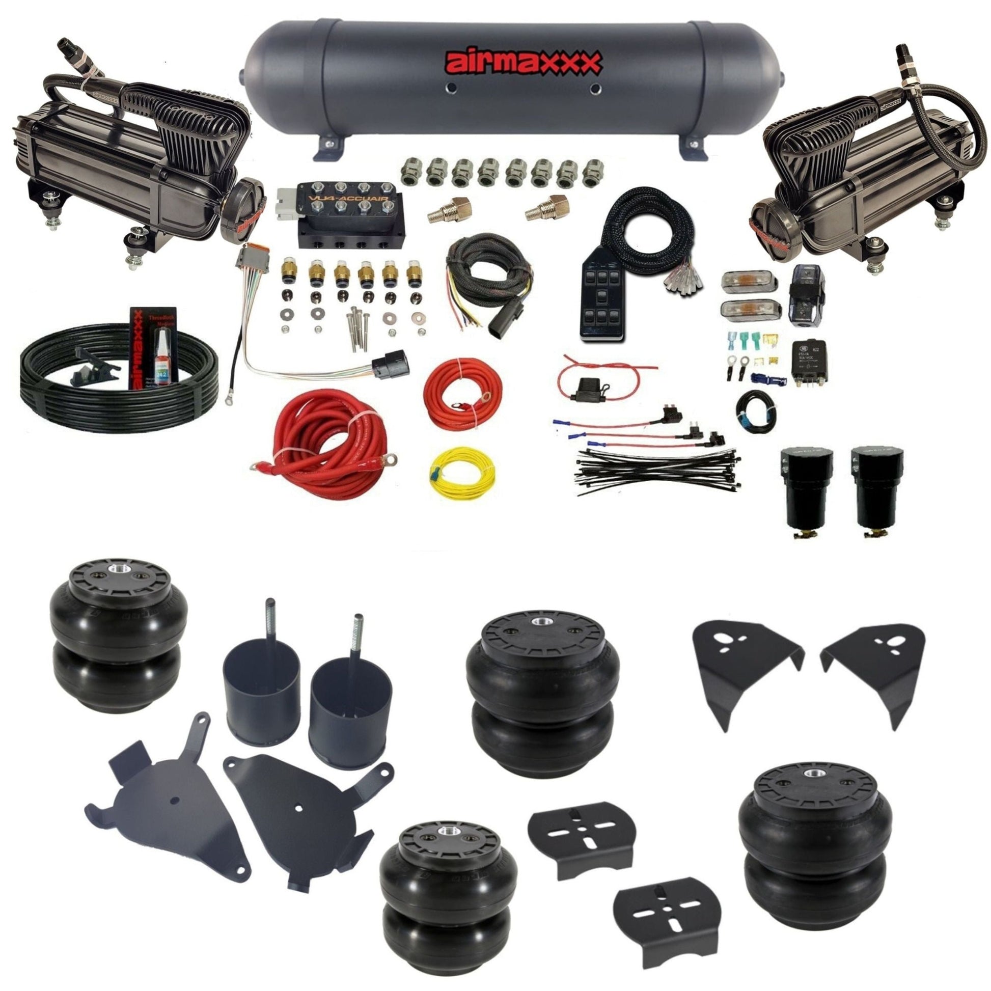 AccuAir VU4 dual x-series compressors aluminum tank slam bags air suspension kit for S10 KS10-XB2-57ABK-VU4-7BK-WK-HFSS6SS7