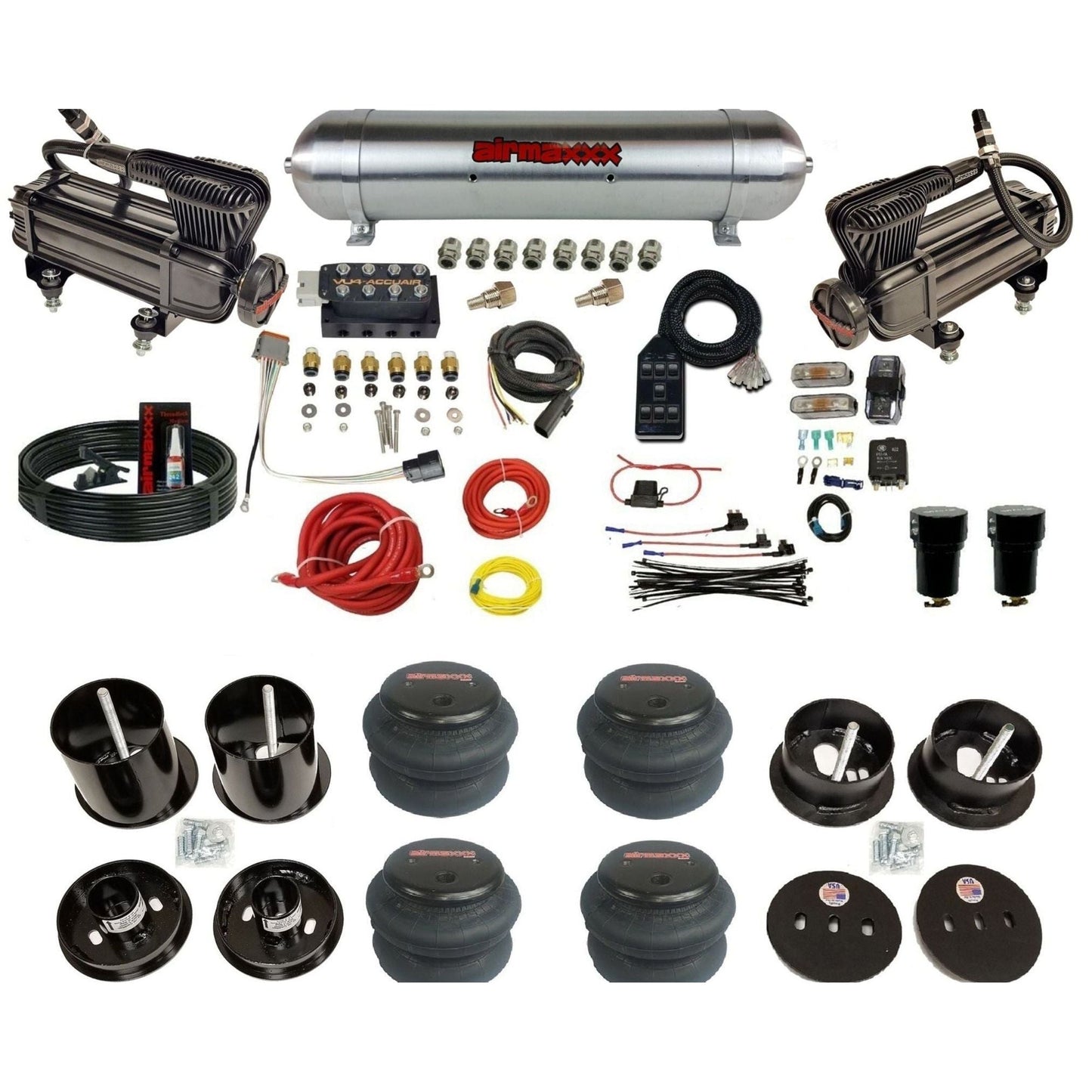 AccuAir VU4 dual x-series compressors raw aluminum tank 2600 bags air ride kit for 1963–1964 Cadillac KCAD63-XB2-57ARW-VU4-7BK-WK-HF