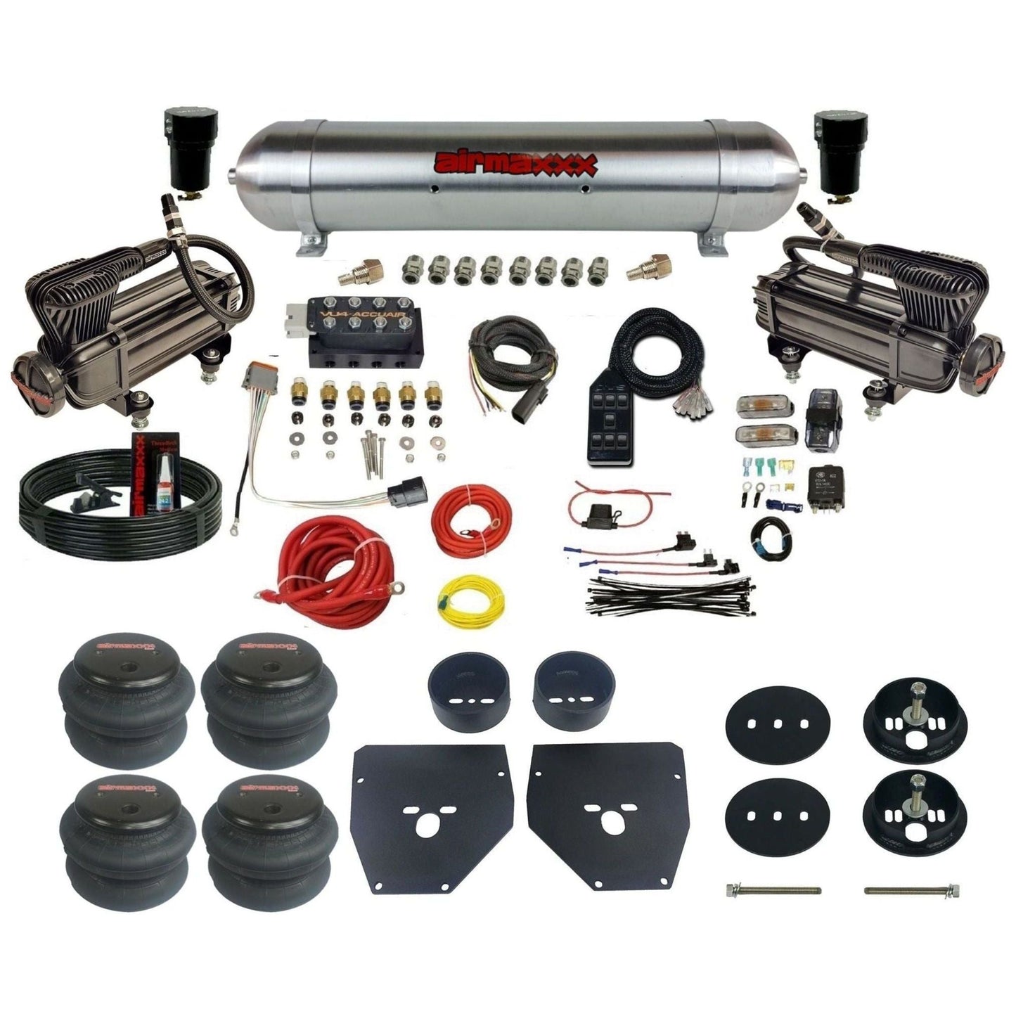 AccuAir VU4 dual x-series compressors raw aluminum tank 2600 bags air ride kit for 1963–1972 Chevy C10/C20/C30 KC1063-XB2-57ARW-VU4-7BK-WK-HF