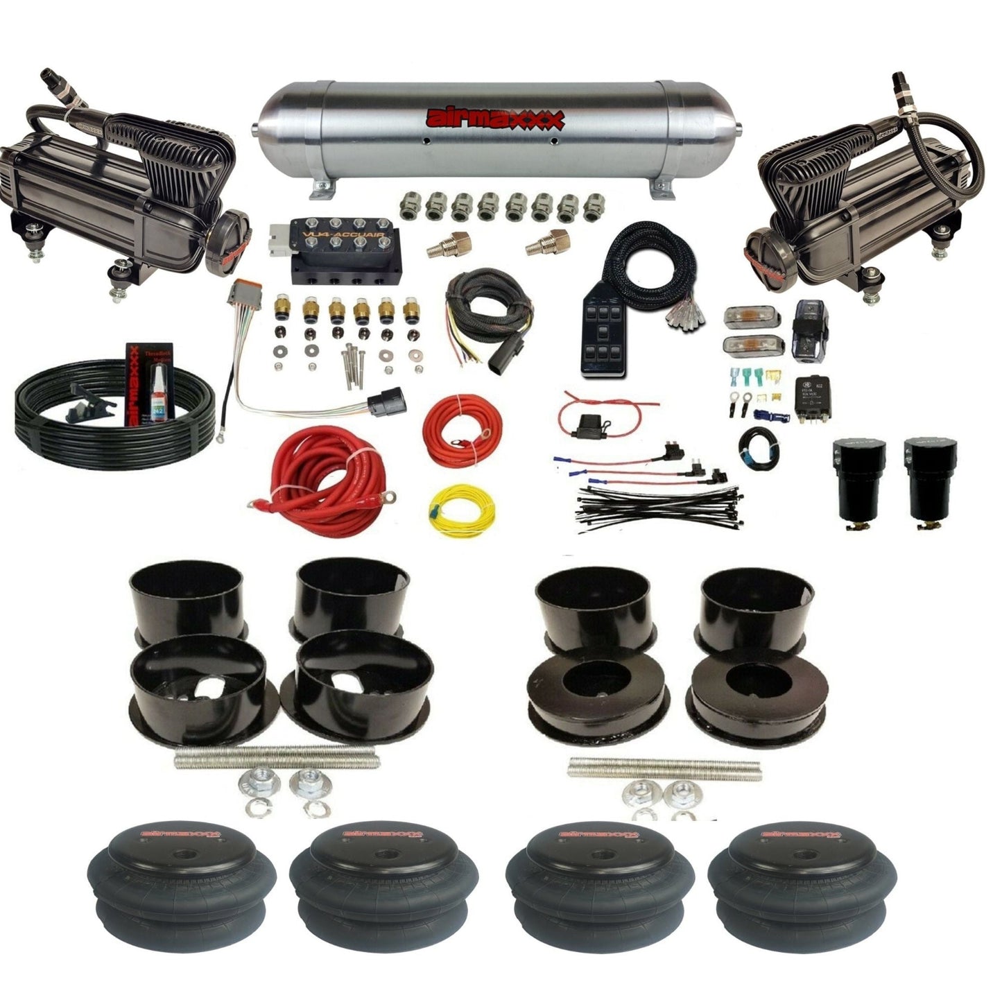 AccuAir VU4 dual x-series compressors raw aluminum tank 2600 bags air ride kit for 1971–1996 GM B-Body KBBDY-XB2-57ARW-VU4-7BK-WK-HF