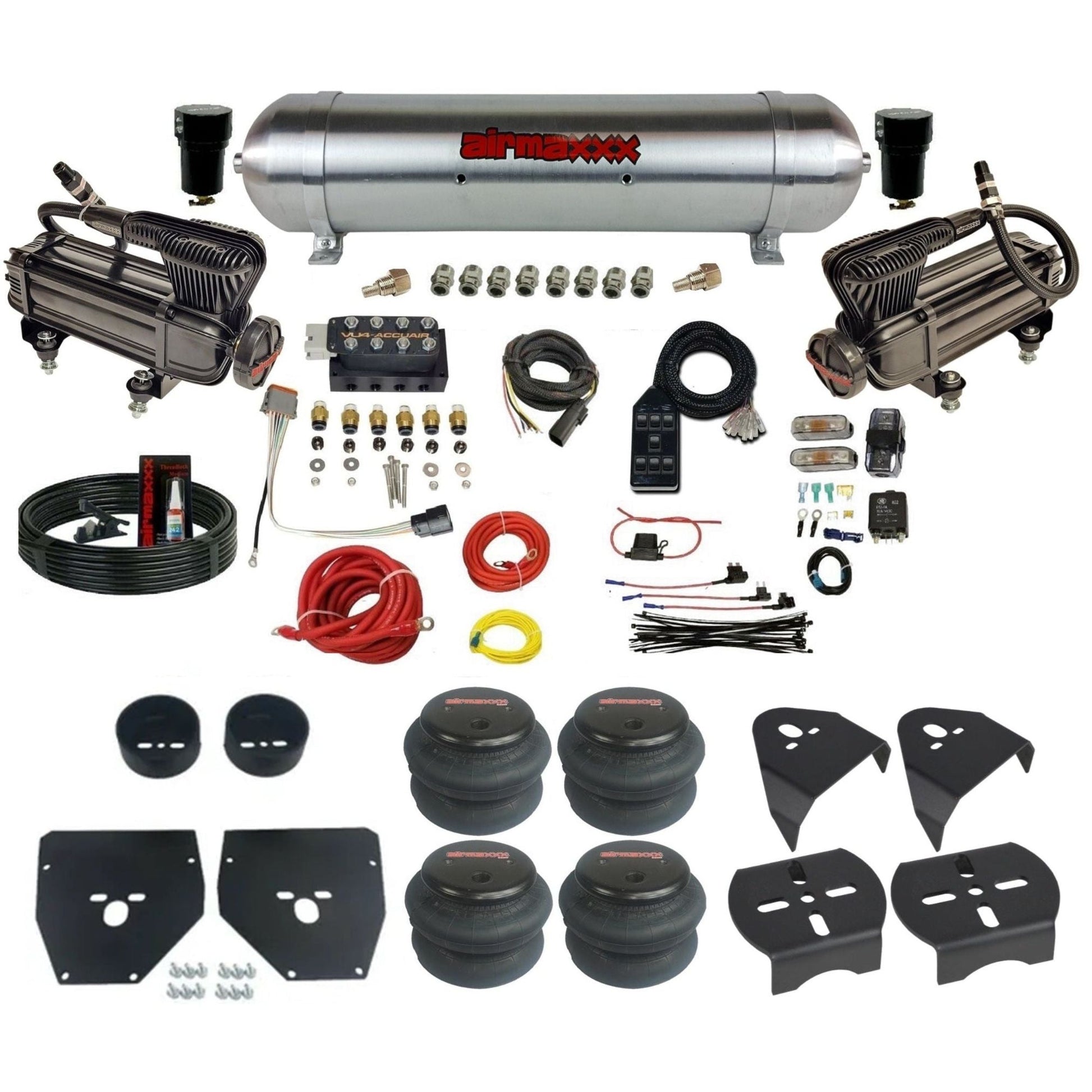 AccuAir VU4 dual x-series compressors raw aluminum tank 2600 bags air ride kit for 1973–1987 Chevy C10 KC1073-XB2-57ARW-VU4-7BK-WK-HF
