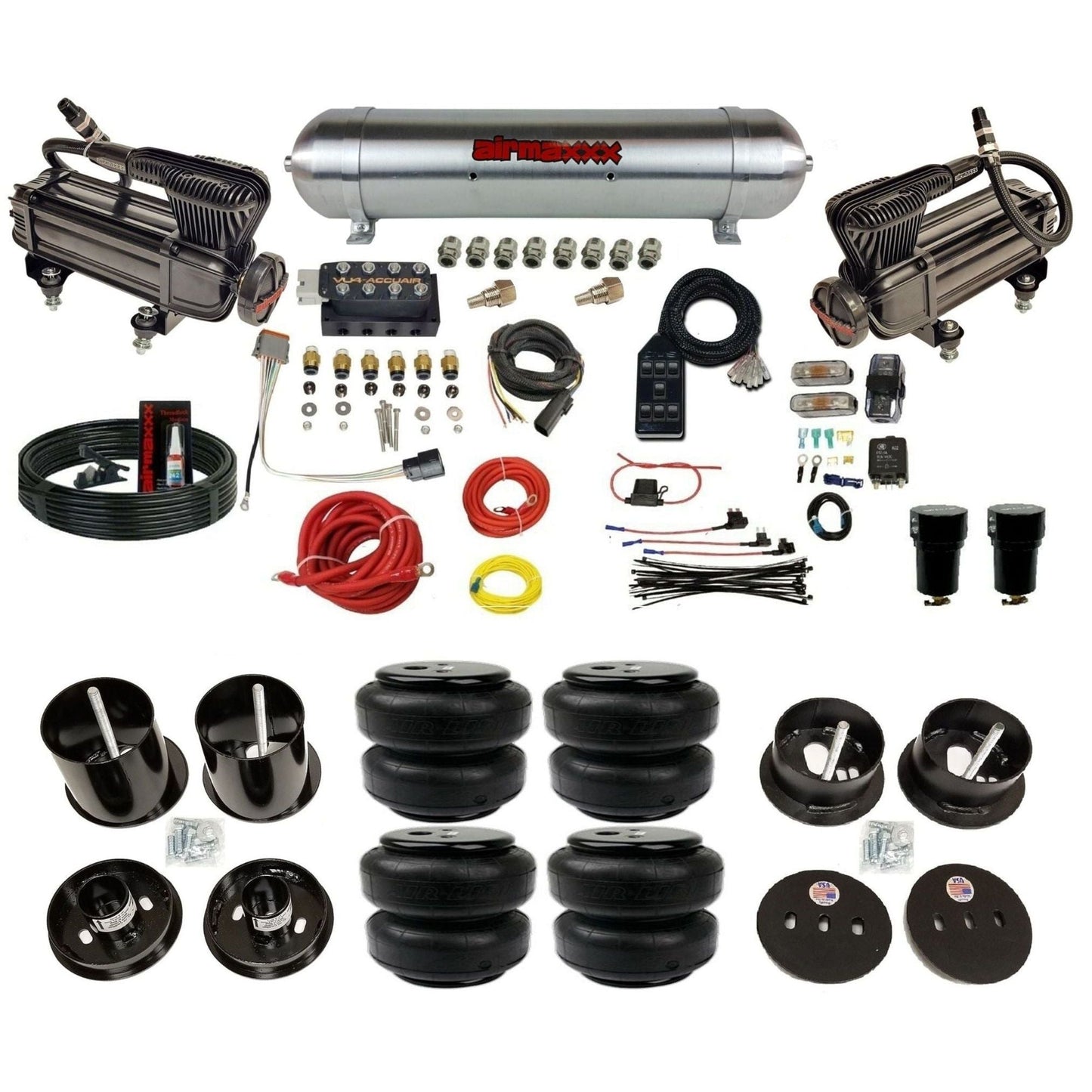 AccuAir VU4 dual x-series compressors raw aluminum tank airlift bags air ride kit for 1963–1964 Cadillac KCAD63-XB2-57ARW-VU4-7BK-WK-HFD25