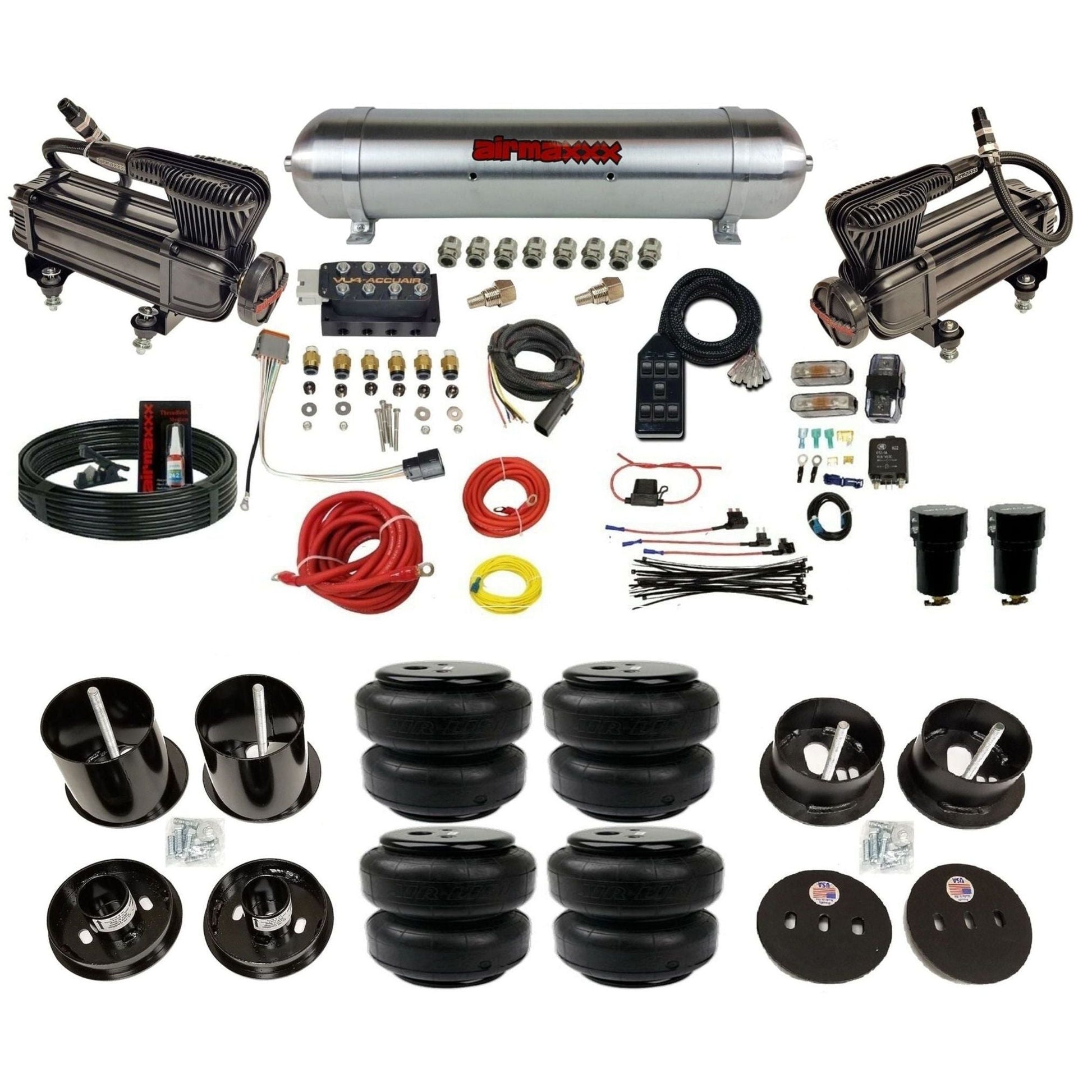 AccuAir VU4 dual x-series compressors raw aluminum tank airlift bags air ride kit for 1963–1964 Cadillac KCAD63-XB2-57ARW-VU4-7BK-WK-HFD25