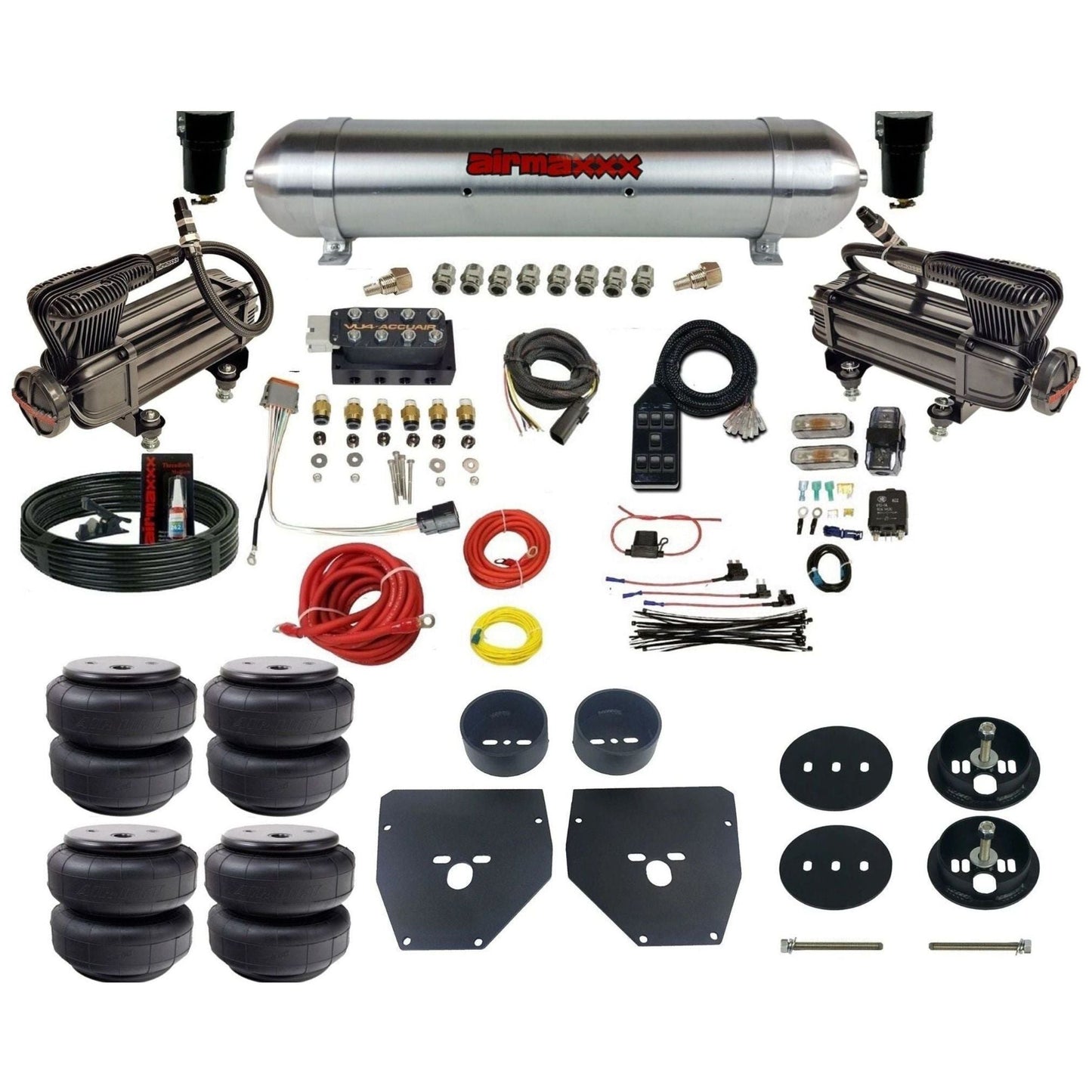 AccuAir VU4 dual x-series compressors raw aluminum tank airlift bags air ride kit for 1963–1972 Chevy C10/C20/C30 KC1063-XB2-57ARW-VU4-7BK-WK-HFD26