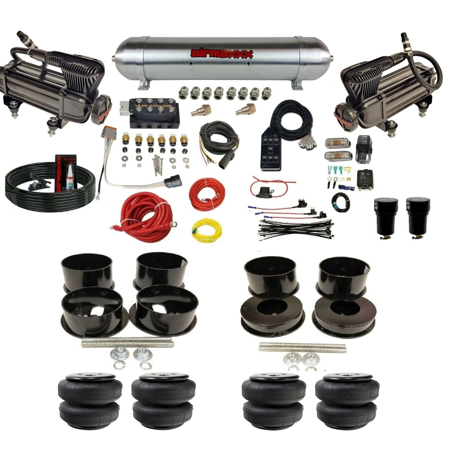 AccuAir VU4 dual x-series compressors raw aluminum tank airlift bags air ride kit for 1971–1996 GM B-Body KBBDY-XB2-57ARW-VU4-7BK-WK-HFD25