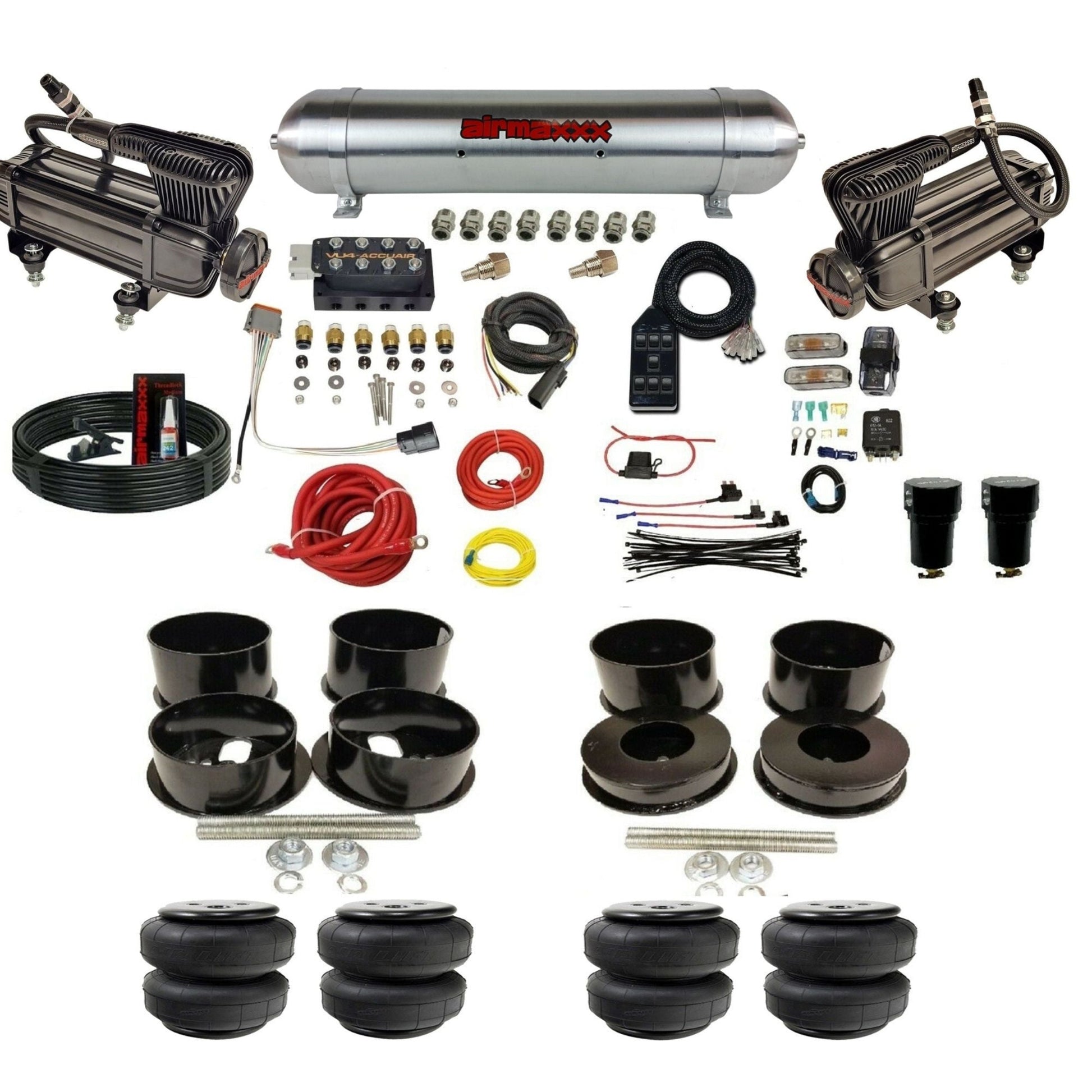 AccuAir VU4 dual x-series compressors raw aluminum tank airlift bags air ride kit for 1971–1996 GM B-Body KBBDY-XB2-57ARW-VU4-7BK-WK-HFD25