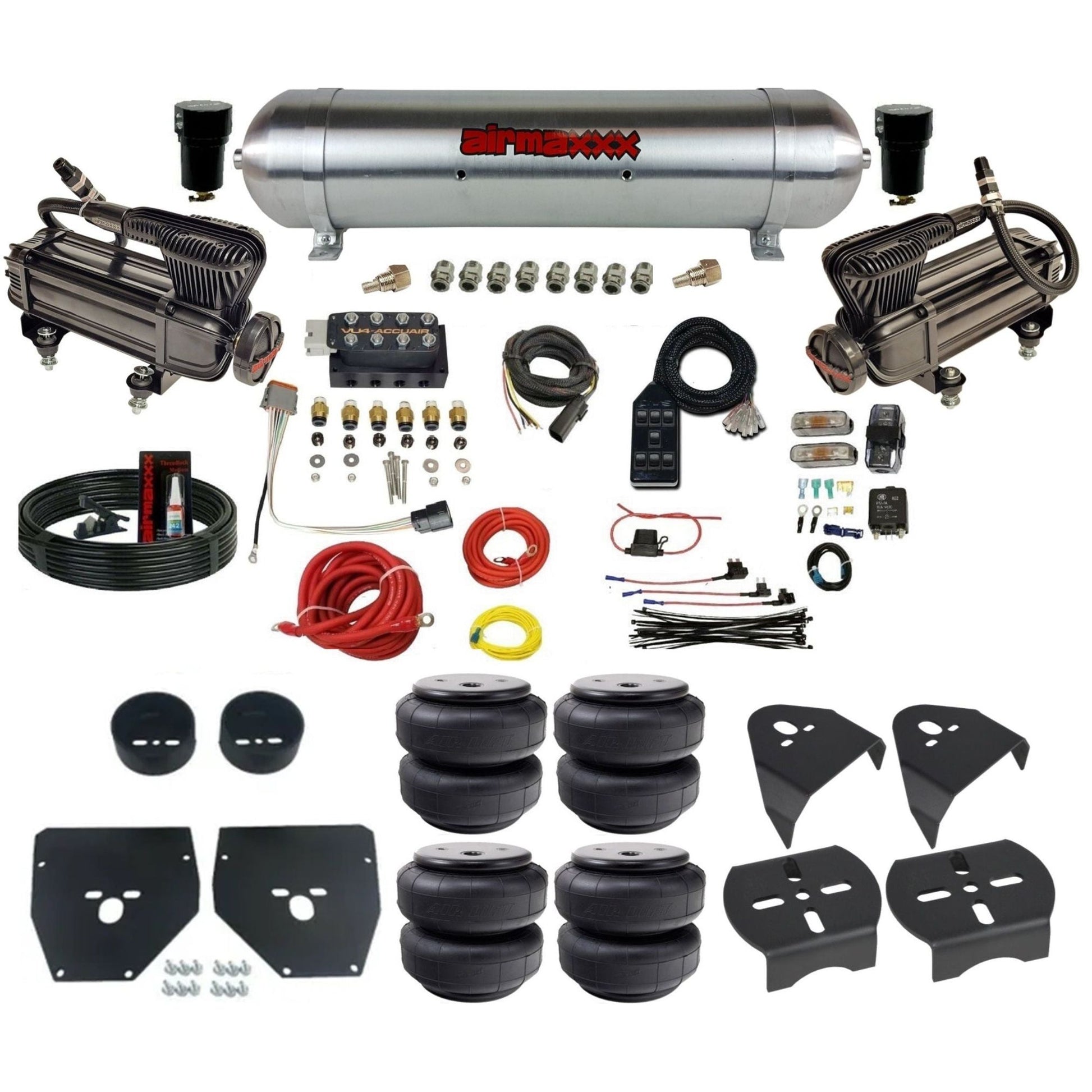 AccuAir VU4 dual x-series compressors raw aluminum tank airlift bags air ride kit for 1973–1987 Chevy C10 KC1073-XB2-57ARW-VU4-7BK-WK-D26