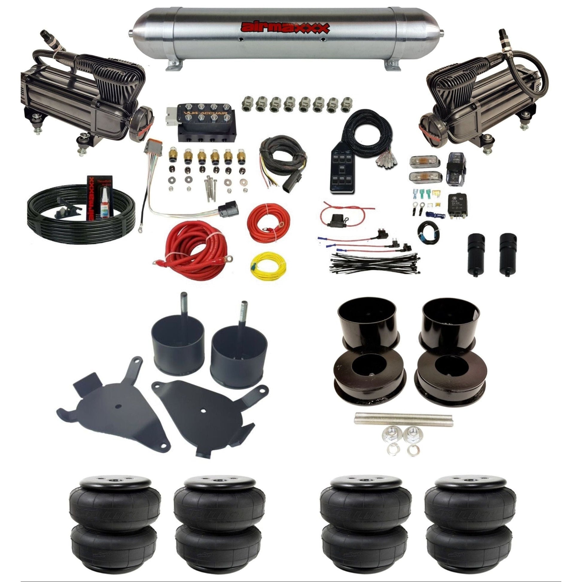 AccuAir VU4 dual x-series compressors raw aluminum tank airlift bags air ride kit for 1978–1988 GM G-Body KGBDY-XB2-57ARW-VU4-7BK-WK-HFD25