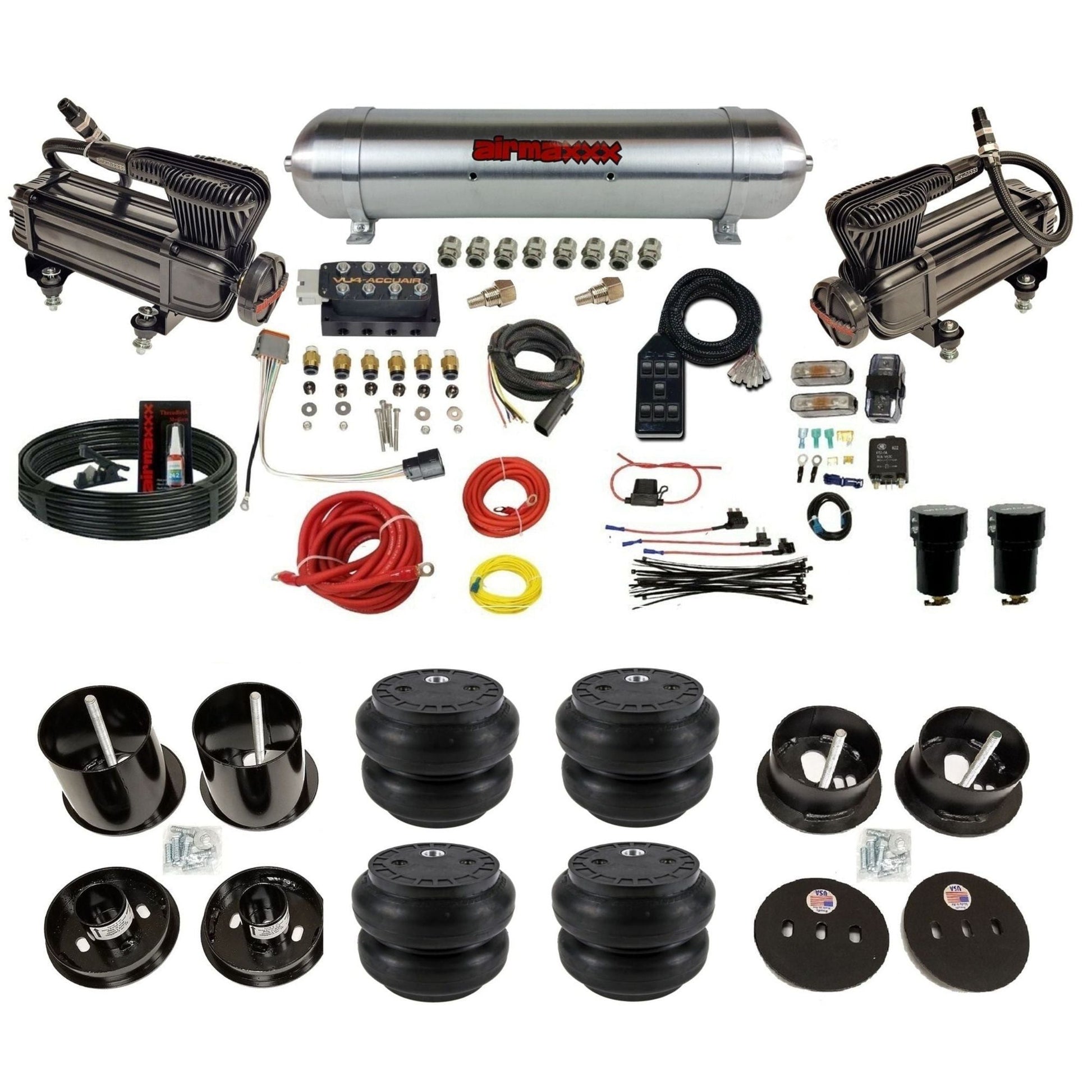 AccuAir VU4 dual x-series compressors raw aluminum tank slam bags air ride kit for 1963–1964 Cadillac KCAD63-XB2-57ARW-VU4-7BK-WK-HFSS7