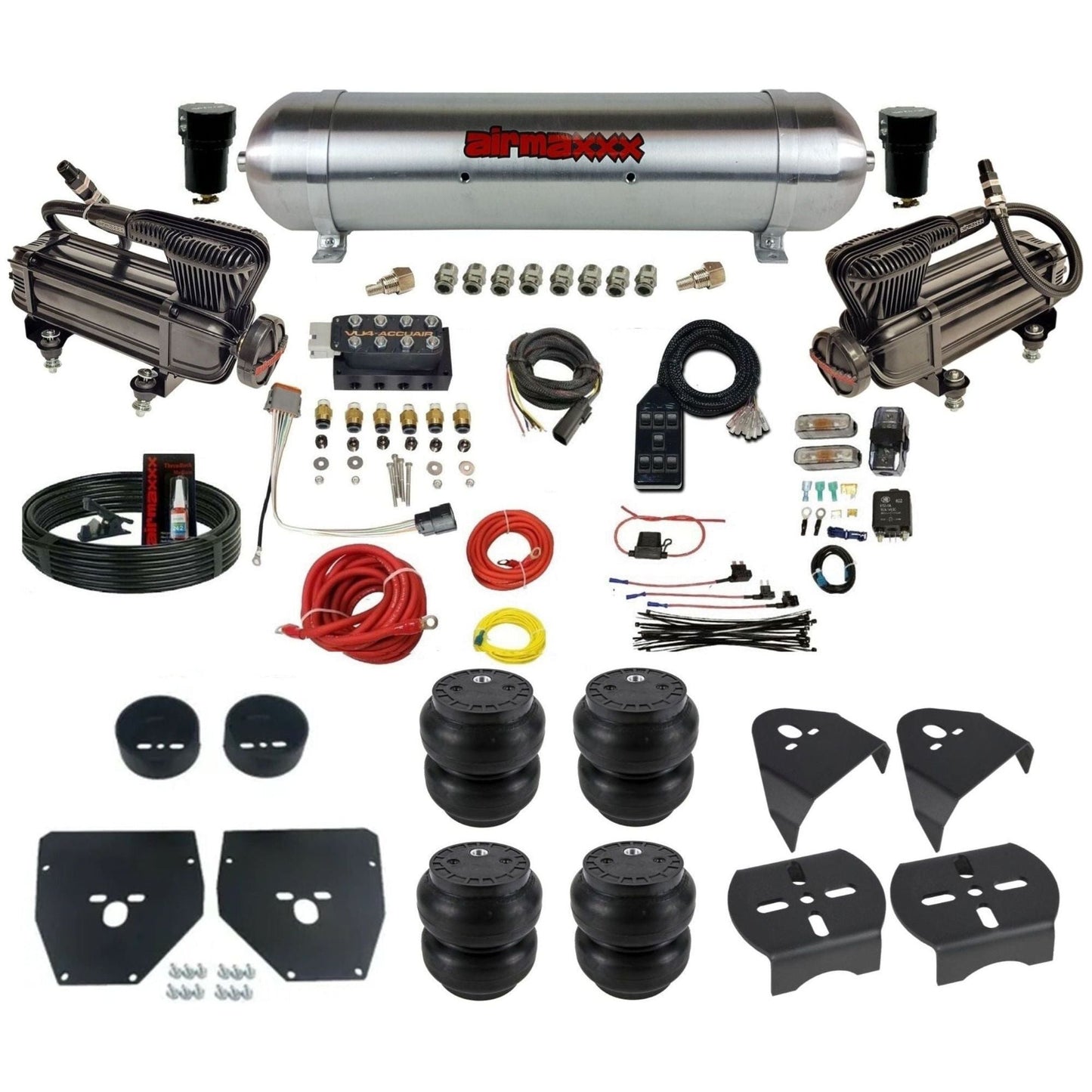 AccuAir VU4 dual x-series compressors raw aluminum tank slam bags air ride kit for 1973–1987 Chevy C10 KC1073-XB2-57ARW-VU4-7BK-WK-SS7
