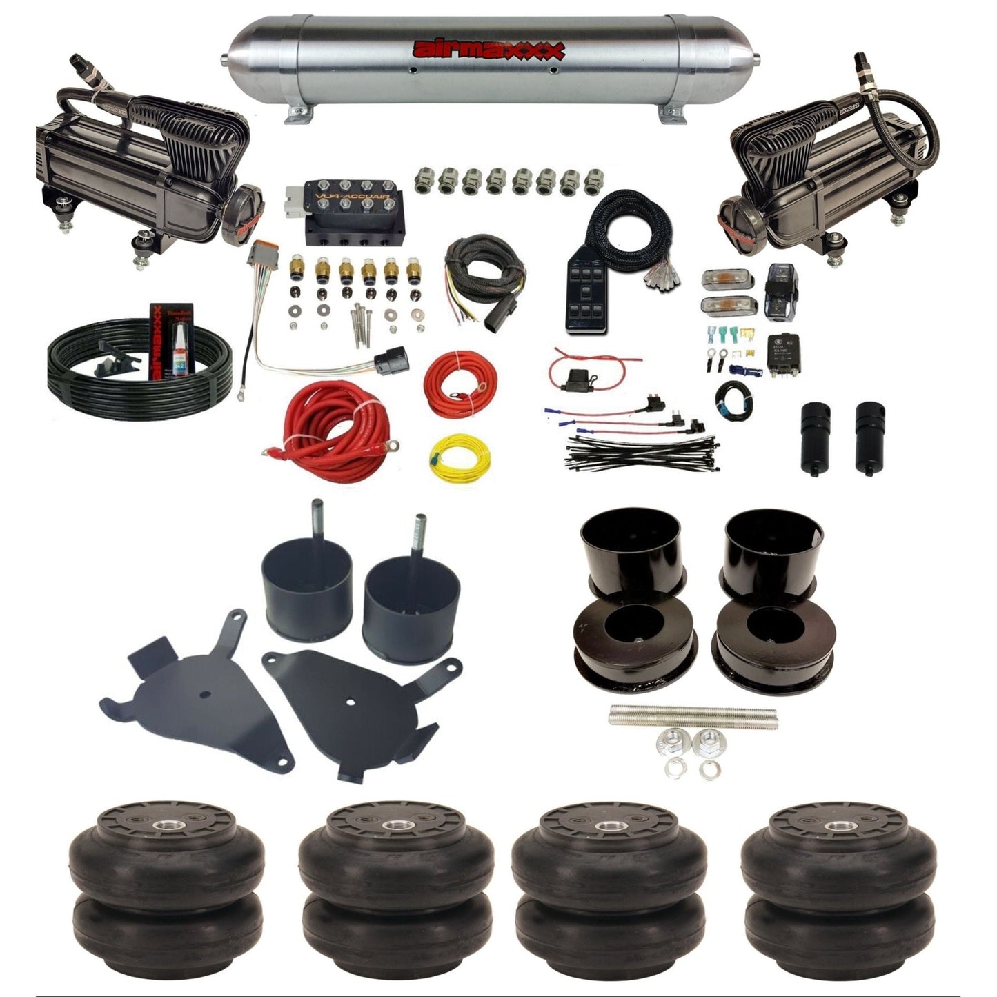 AccuAir VU4 dual x-series compressors raw aluminum tank slam bags air ride kit for 1978–1988 GM G-Body KGBDY-XB2-57ARW-VU4-7BK-WK-HFSS6