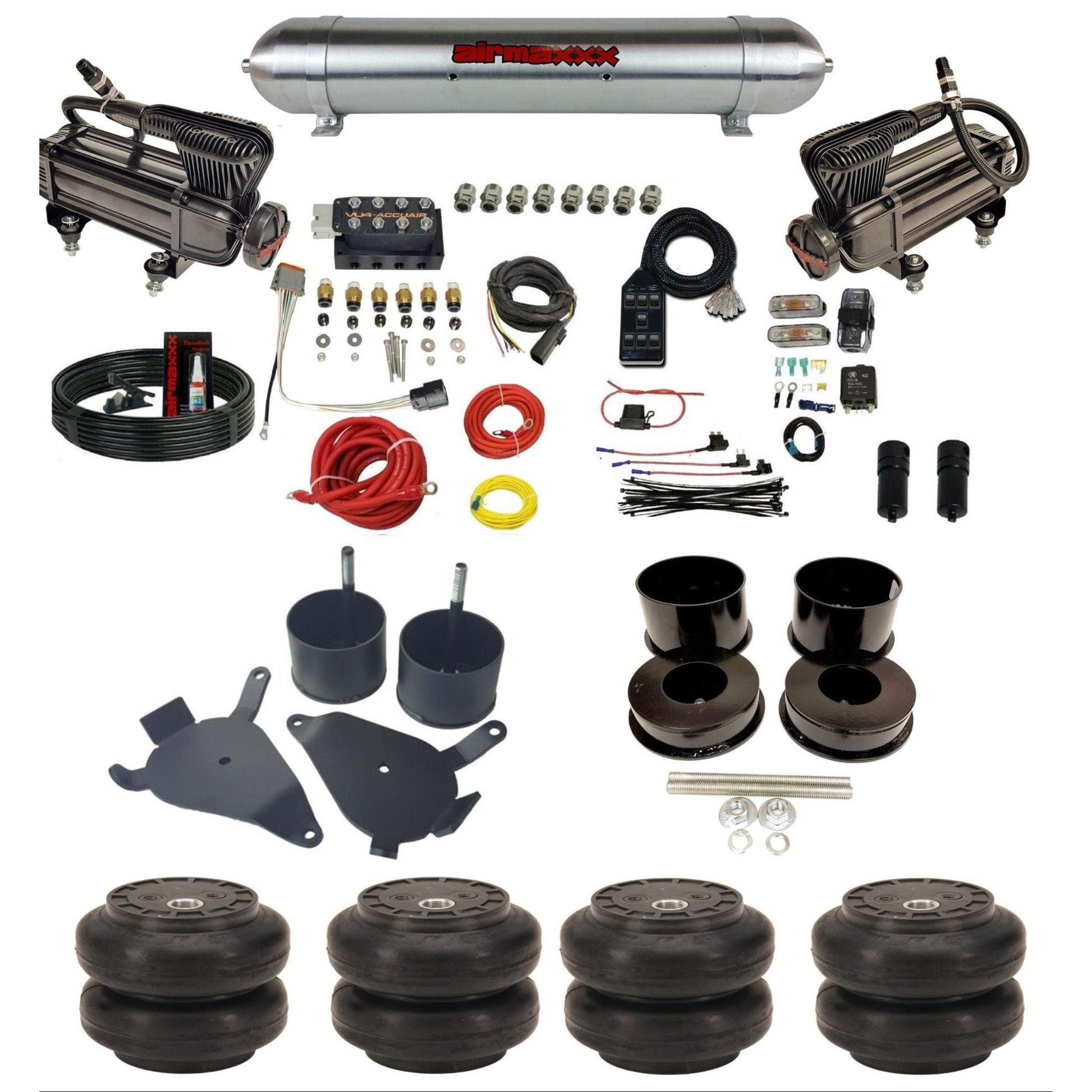AccuAir VU4 dual x-series compressors raw aluminum tank slam bags air ride kit for 1978–1988 GM G-Body KGBDY-XB2-57ARW-VU4-7BK-WK-HFSS6