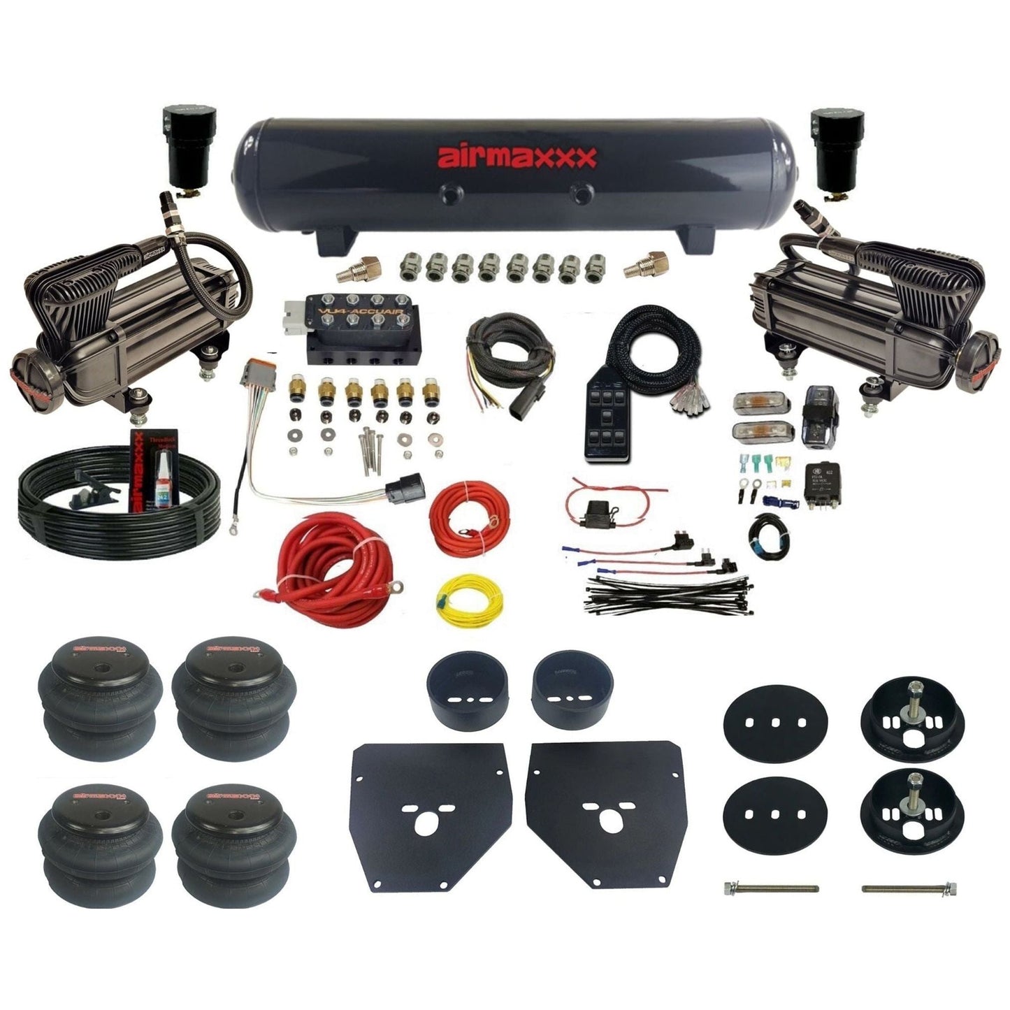 AccuAir VU4 dual x-series compressors steel tank 2600 bags air ride kit for 1963–1972 Chevy C10/C20/C30 KC1063-XB2-57S-VU4-7BK-WK-HF