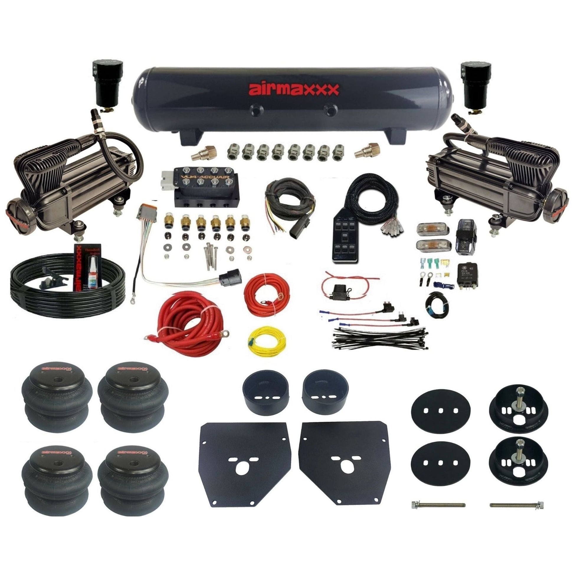 AccuAir VU4 dual x-series compressors steel tank 2600 bags air ride kit for 1963–1972 Chevy C10/C20/C30 KC1063-XB2-57S-VU4-7BK-WK-HF