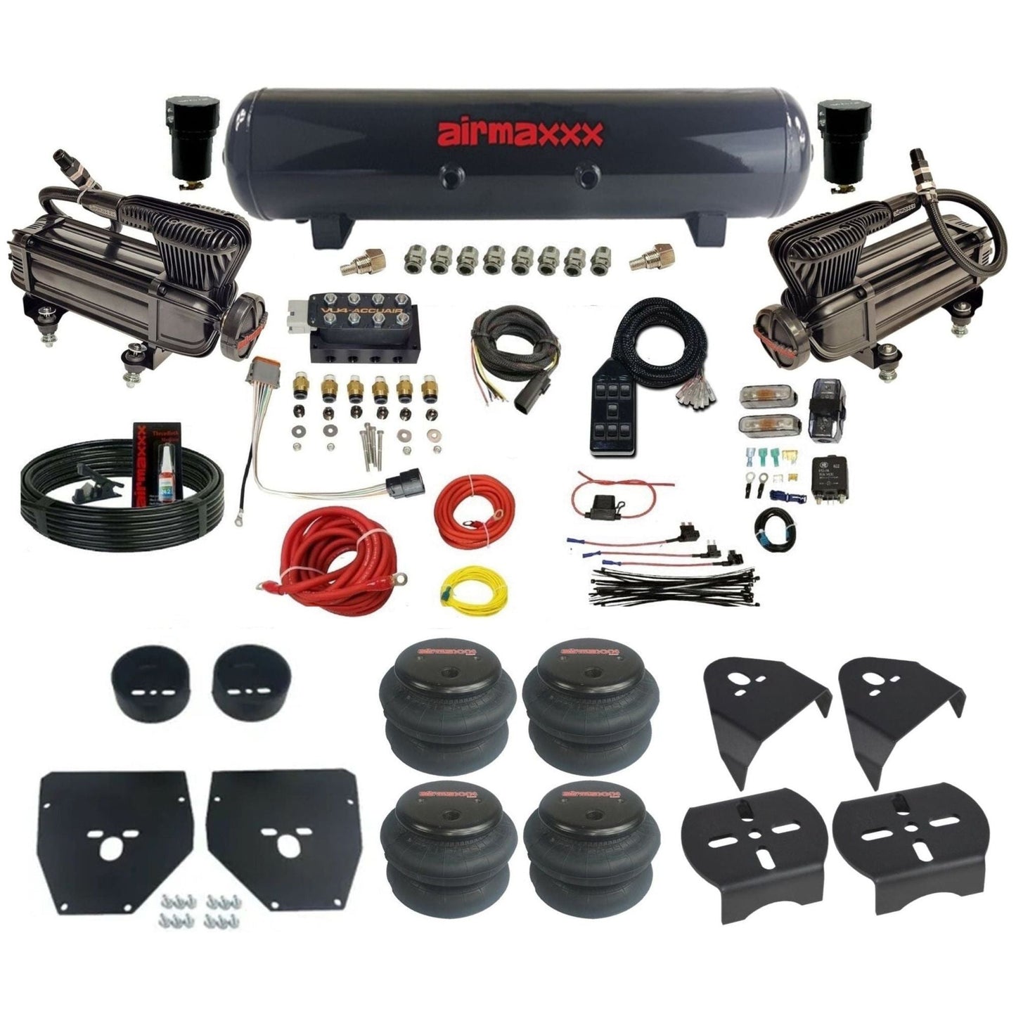 AccuAir VU4 dual x-series compressors steel tank 2600 bags air ride kit for 1973–1987 Chevy C10 KC1073-XB2-57S-VU4-7BK-WK-HF